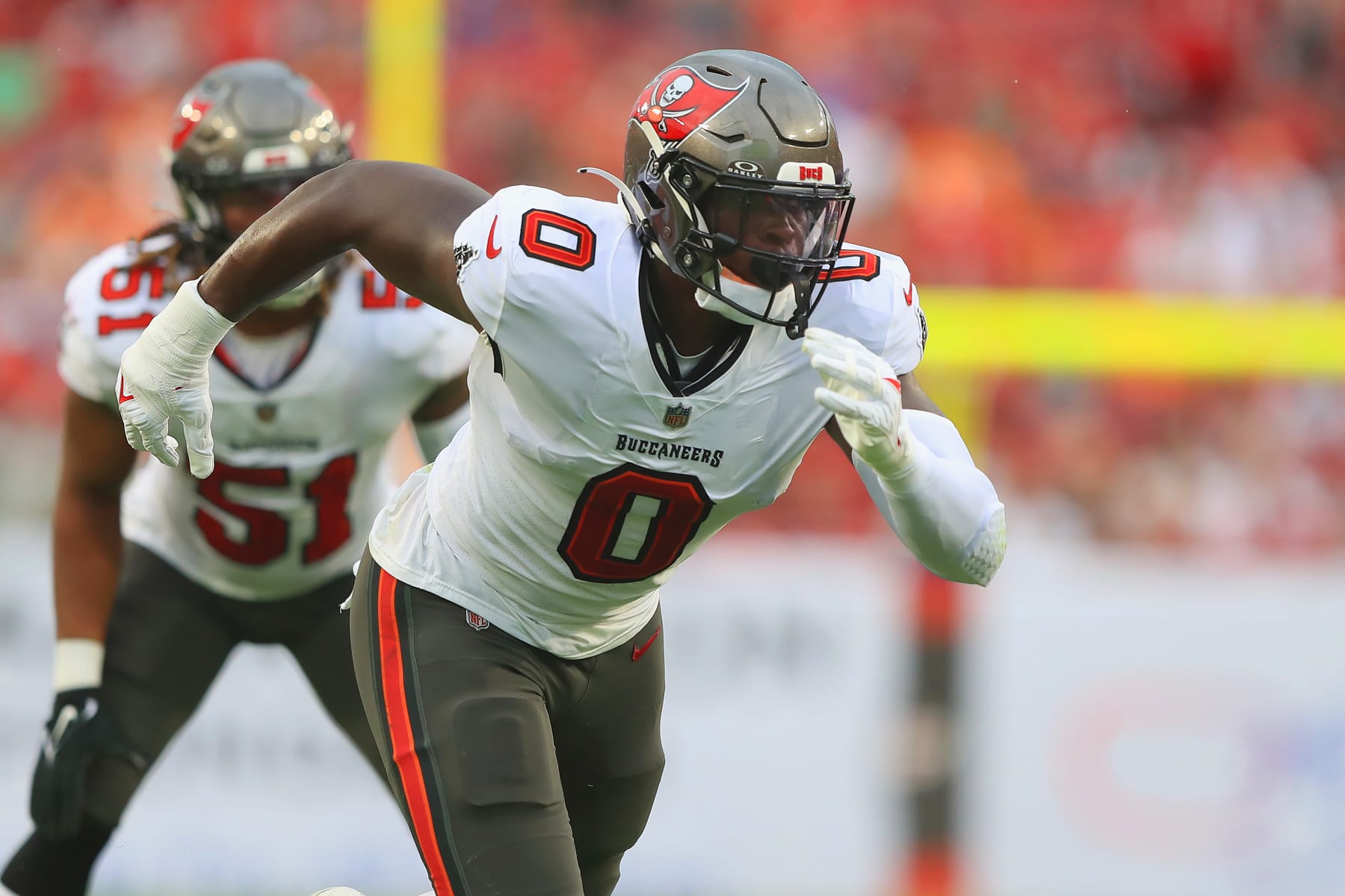 TAMPA, FL - DECEMBER 03: Tampa Bay Buccaneers Linebacker YaYa Diaby (0) rushes the passer during the regular season game between the Carolina Panthers and the Tampa Bay Buccaneers on December 03, 2023 at Raymond James Stadium in Tampa, Florida. (Photo by Cliff Welch/Icon Sportswire via Getty Images)