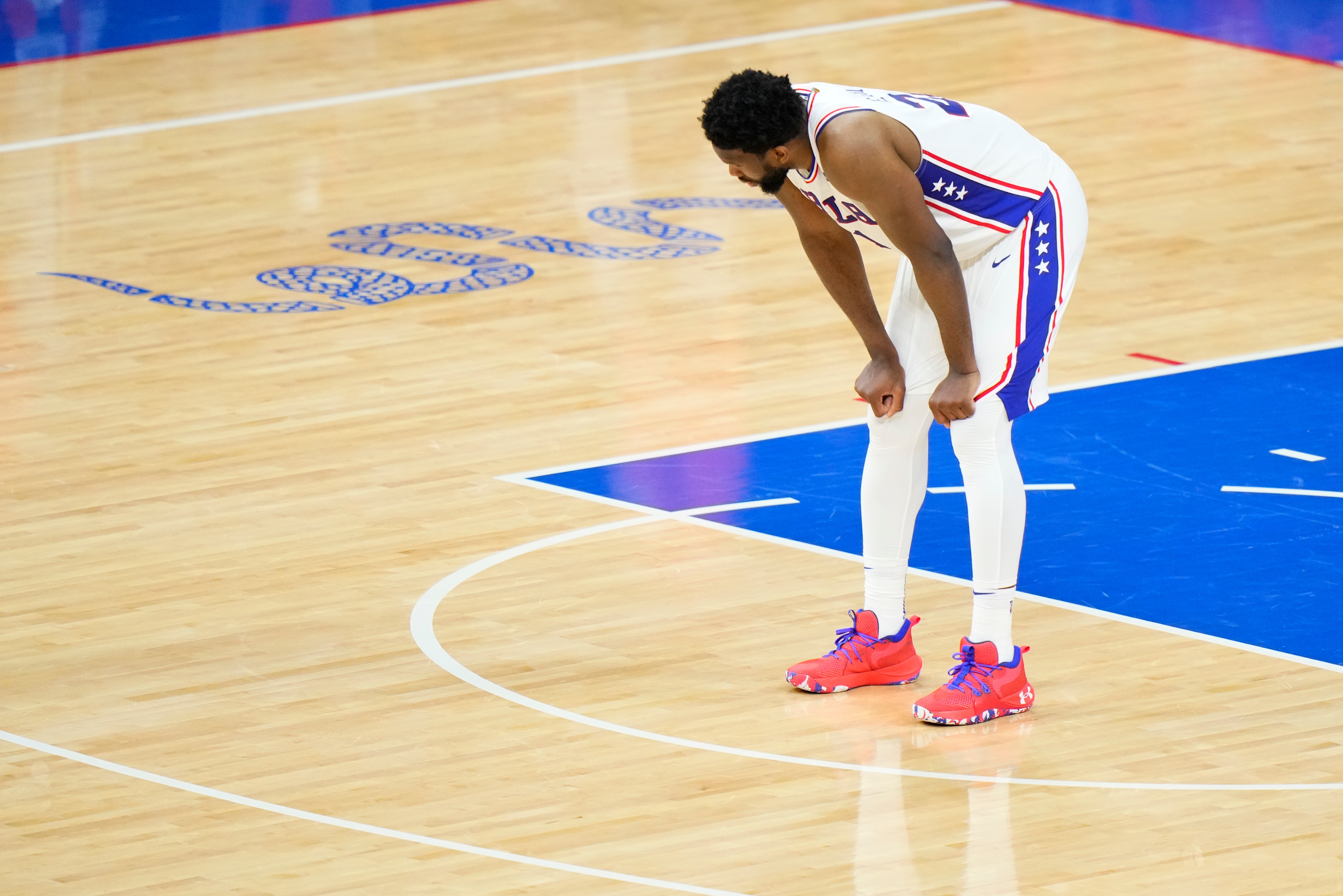 Philadelphia 76ers' Joel Embiid plays during Game 7 in a second-round NBA basketball playoff series against the Atlanta Hawks, Sunday, June 20, 2021, in Philadelphia. (AP Photo/Matt Slocum)