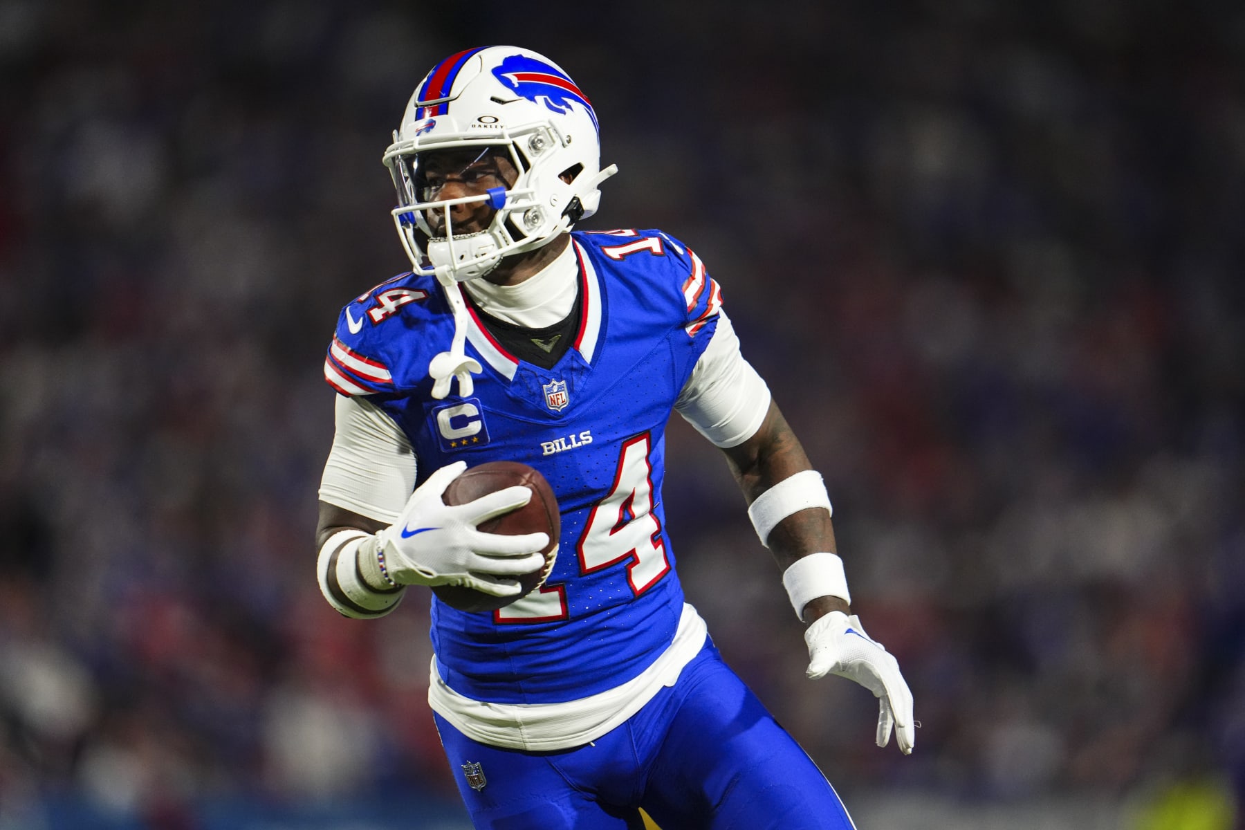 ORCHARD PARK, NY - OCTOBER 26: Stefon Diggs #14 of the Buffalo Bills runs the ball during an NFL football game against the Tampa Bay Buccaneers at Highmark Stadium on October 26, 2023 in Orchard Park, New York. (Photo by Cooper Neill/Getty Images)