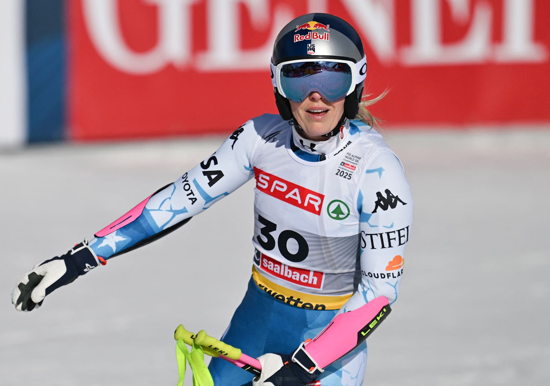 US's Lindsey Vonn reacts after her run during the Women's Super-G event of the Saalbach 2025 FIS Alpine World Ski Championships in Hinterglemm on February 6, 2025. (Photo by KERSTIN JOENSSON / AFP) (Photo by KERSTIN JOENSSON/AFP via Getty Images)          