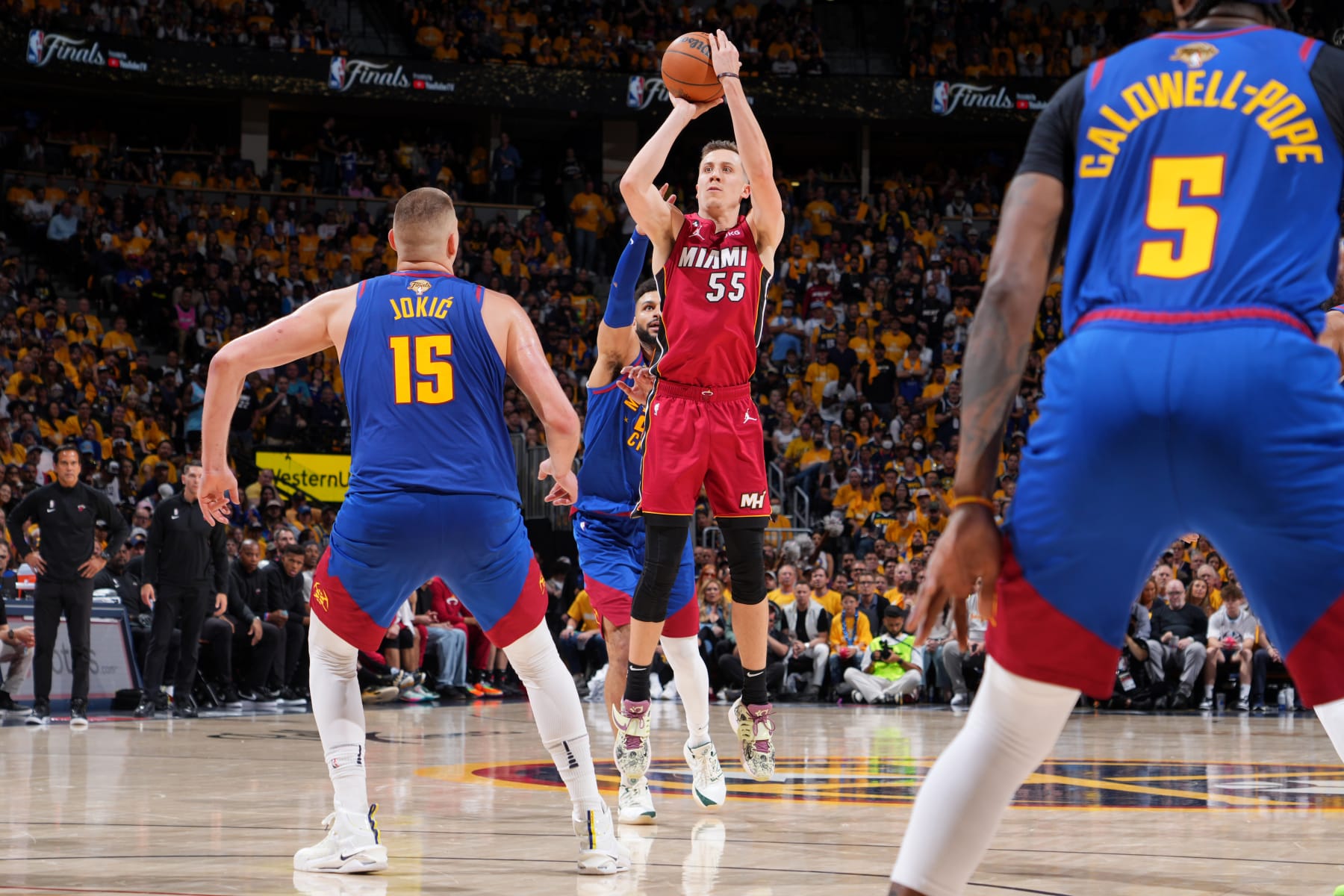 DENVER, CO - JUNE 1: Duncan Robinson #55 of the Miami Heat shoots the ball during Game One of the 2023 NBA Finals on June 1, 2023 at the Ball Arena in Denver, Colorado. NOTE TO USER: User expressly acknowledges and agrees that, by downloading and/or using this Photograph, user is consenting to the terms and conditions of the Getty Images License Agreement. Mandatory Copyright Notice: Copyright 2023 NBAE (Photo by Jesse D. Garrabrant/NBAE via Getty Images)