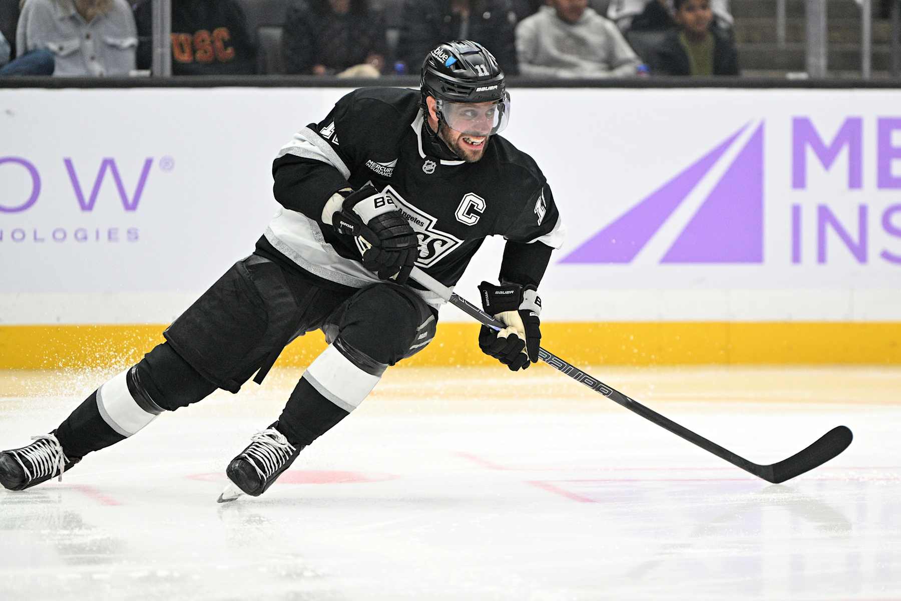 LOS ANGELES, CA - NOVEMBER 27: Los Angeles Kings Center Anze Kopitar (11) turns towards the play during a Los Angeles Kings game versus the Winnipeg Jets on November 27th, 2024, at the Crypto.com Arena in Los Angeles, CA.  (Photo by Rob Curtis/Icon Sportswire via Getty Images)