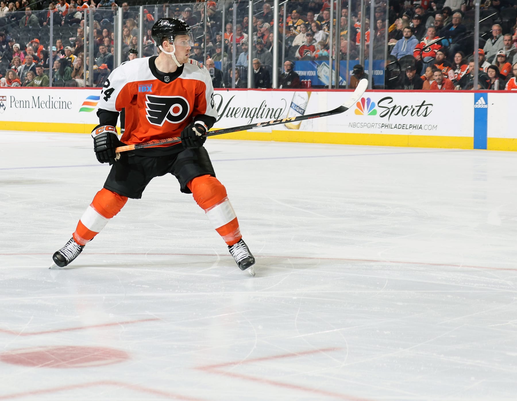 PHILADELPHIA, PENNSYLVANIA - JANUARY 27:  Nick Seeler #24 of the Philadelphia Flyers skates against the Boston Bruins at the Wells Fargo Center on January 27, 2024 in Philadelphia, Pennsylvania.  (Photo by Len Redkoles/NHLI via Getty Images)
