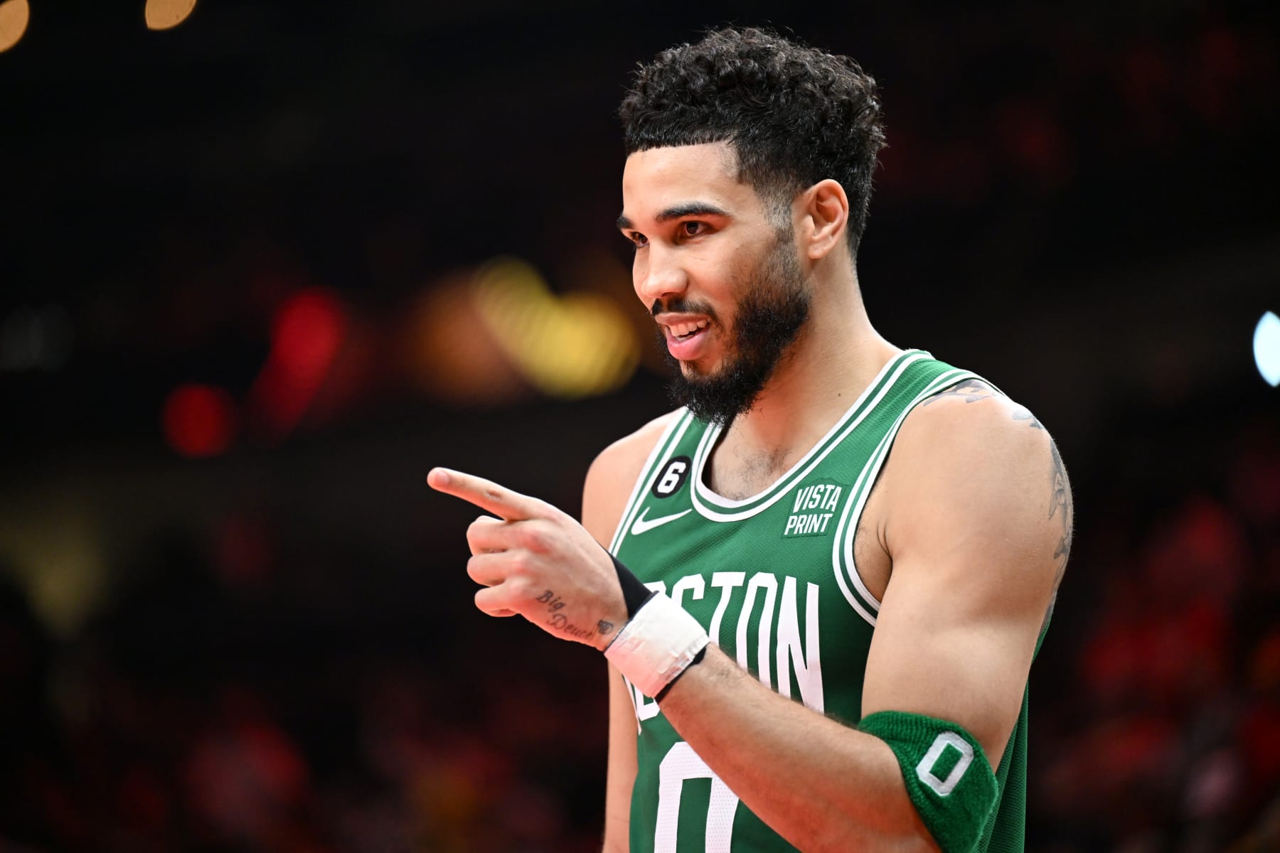 ATLANTA, GA - JANUARY 1: Jayson Tatum #0 of the Boston Celtics looks on during the game against the Atlanta Hawks during Round 1 Game 6 of the 2023 NBA Playoffs on January 1, 2023 at State Farm Arena in Atlanta, Georgia.  NOTE TO USER: User expressly acknowledges and agrees that, by downloading and/or using this Photograph, user is consenting to the terms and conditions of the Getty Images License Agreement. Mandatory Copyright Notice: Copyright 2023 NBAE (Photo by Adam Hagy/NBAE via Getty Images)