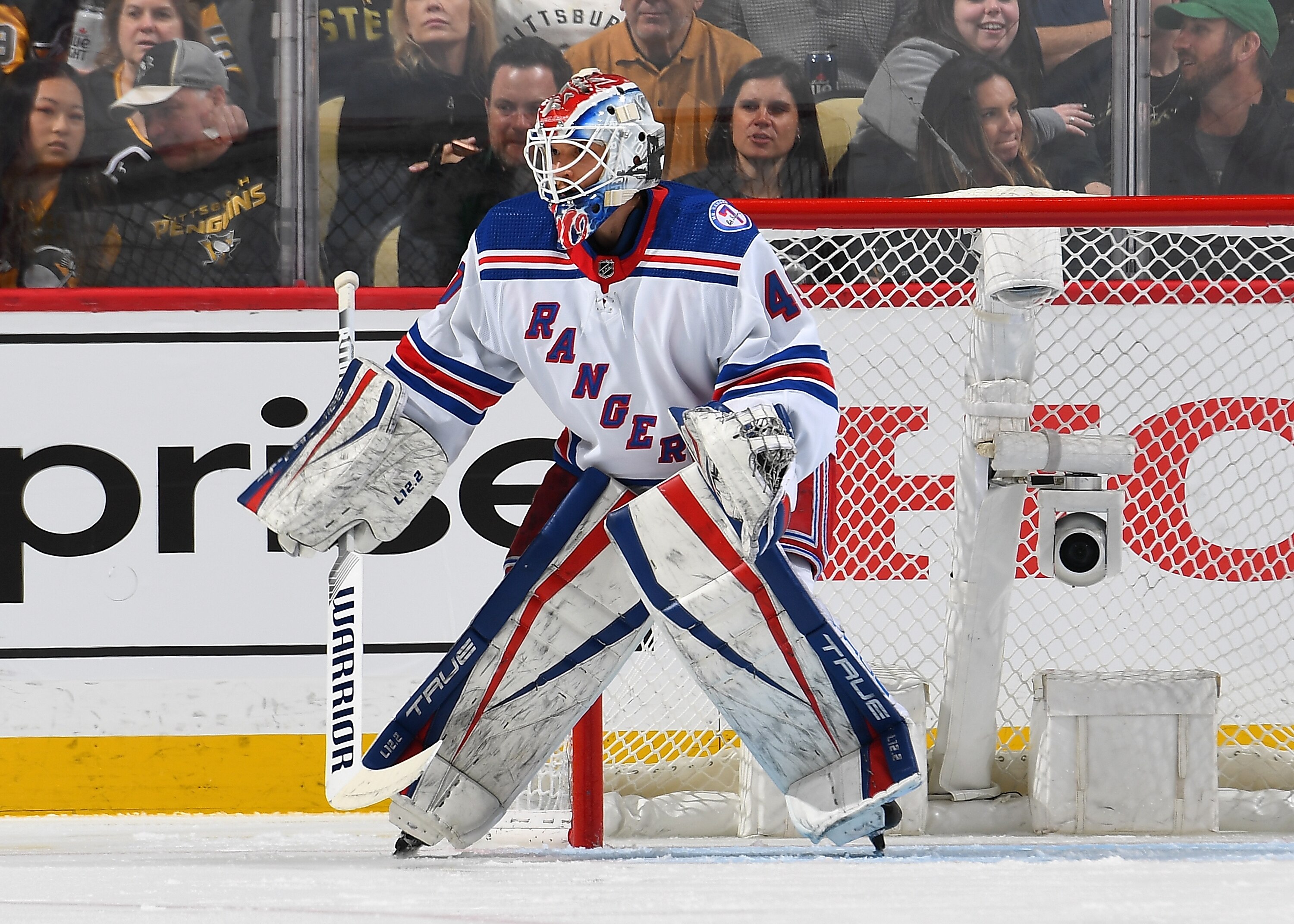 PITTSBURGH, PA - MAY 07:  Alexandar Georgiev #40 of the New York Rangers defends the net against the Pittsburgh Penguins in Game Three of the First Round of the 2022 Stanley Cup Playoffs at PPG PAINTS Arena on May 7, 2022 in Pittsburgh, Pennsylvania. (Photo by Joe Sargent/NHLI via Getty Images)