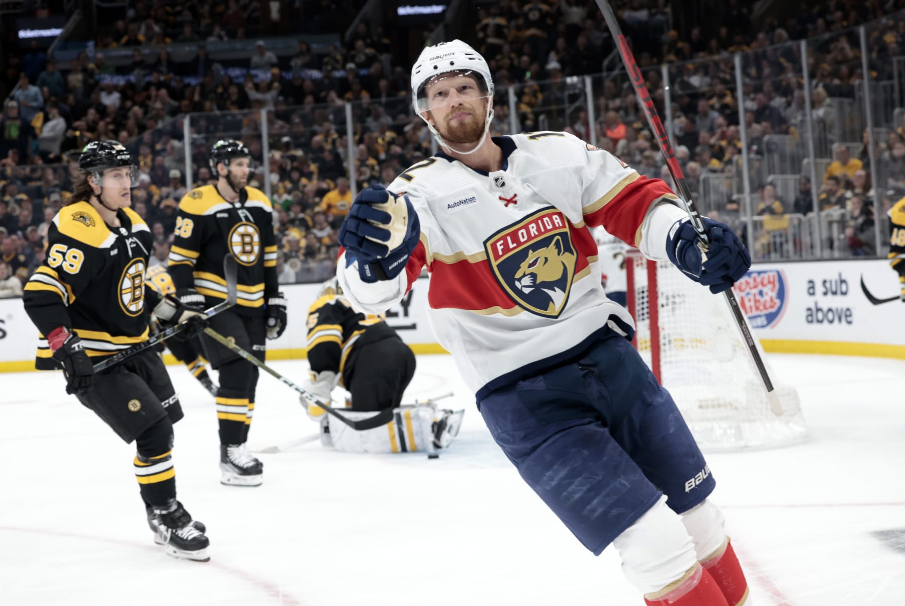 BOSTON, MA - APRIL 19: Florida Panthers center Eric Staal (12) celebrates his goal during Game 2 of an Eastern Conference First Round playoff contest between the Boston Bruins and the Florida Panthers on April 19, 2023, at TD Garden in Boston, Massachusetts. (Photo by Fred Kfoury III/Icon Sportswire via Getty Images)