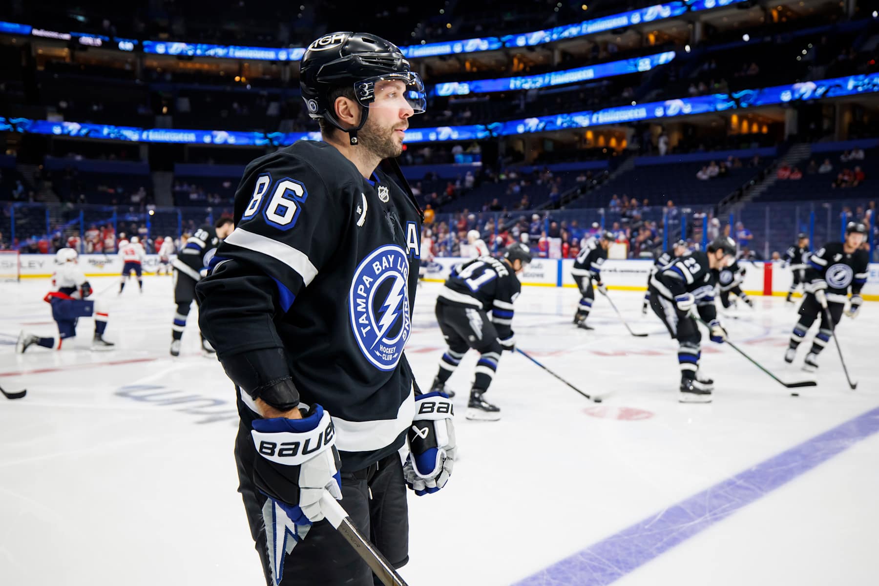TAMPA, FL - OCTOBER 26: Nikita Kucherov #86 of the Tampa Bay Lightning before the game against the Washington Capitals at Amalie Arena on October 26, 2024 in Tampa, Florida. (Photo by Mark LoMoglio/NHLI via Getty Images)