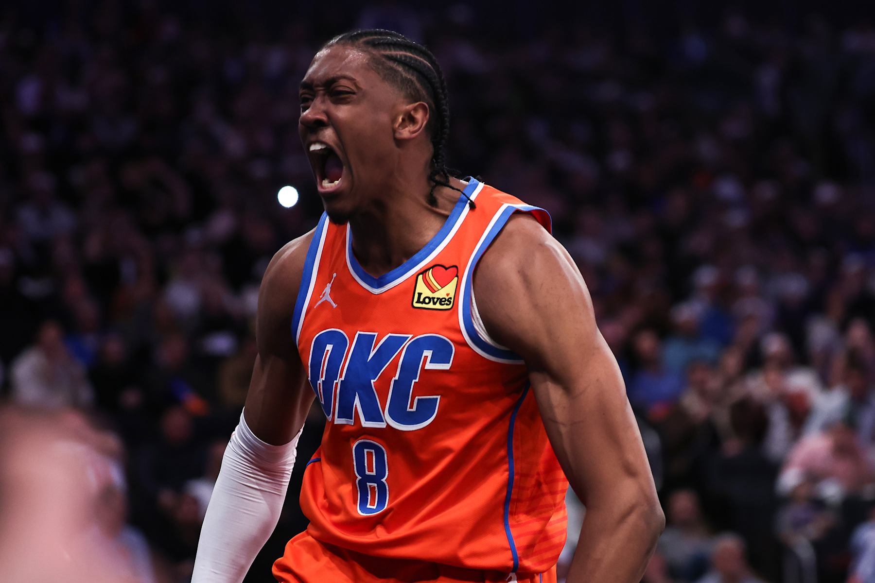 NEW YORK, NEW YORK - MARCH 31: Jalen Williams #8 of the Oklahoma City Thunder reacts after a dunk during the third quarter of the game \an at Madison Square Garden on March 31, 2024 in New York City. NOTE TO USER: User expressly acknowledges and agrees that, by downloading and or using this photograph, User is consenting to the terms and conditions of the Getty Images License Agreement. (Photo by Dustin Satloff/Getty Images)