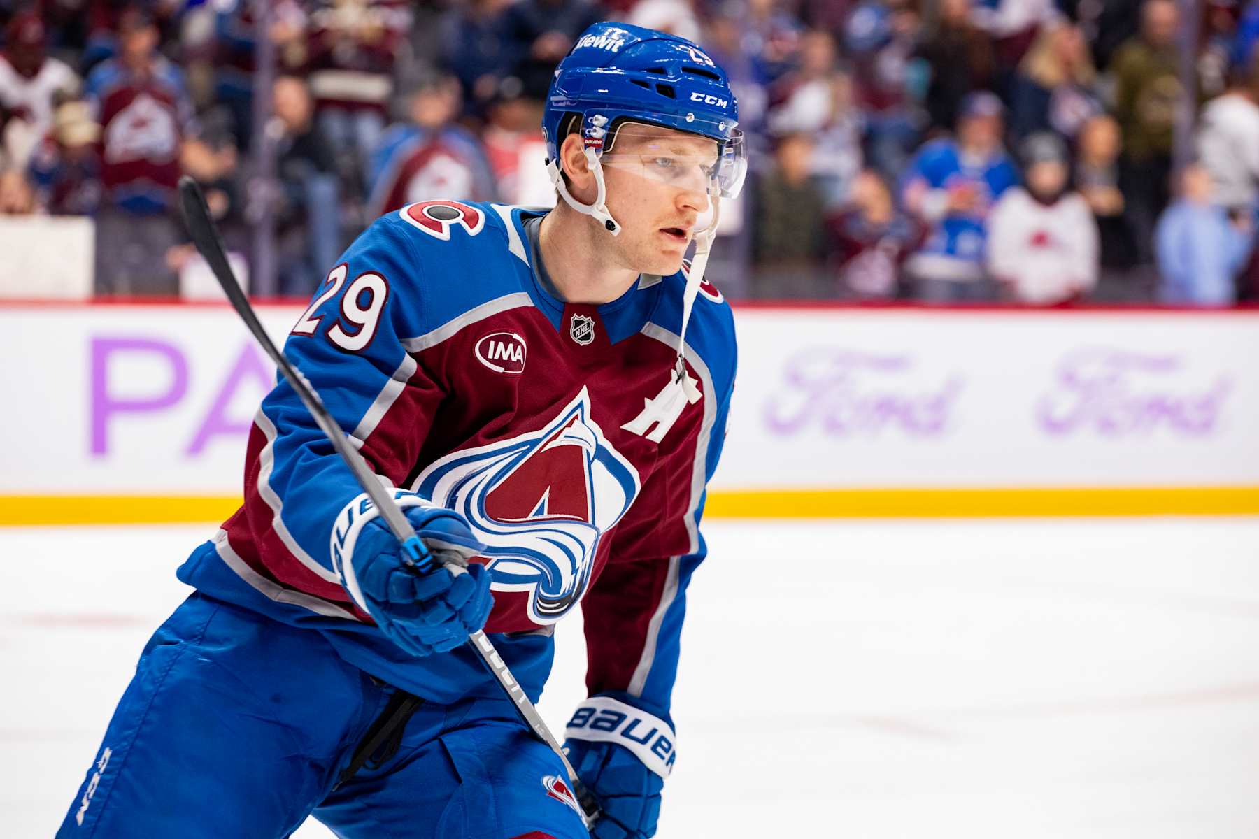 DENVER, COLORADO - NOVEMBER 09: Nathan MacKinnon #29 of the Colorado Avalanche skates in warmups ahed of the game against the Carolina Hurricanes at Ball Arena on November 09, 2024 in Denver, Colorado. (Photo by Ashley Potts/NHLI via Getty Images)