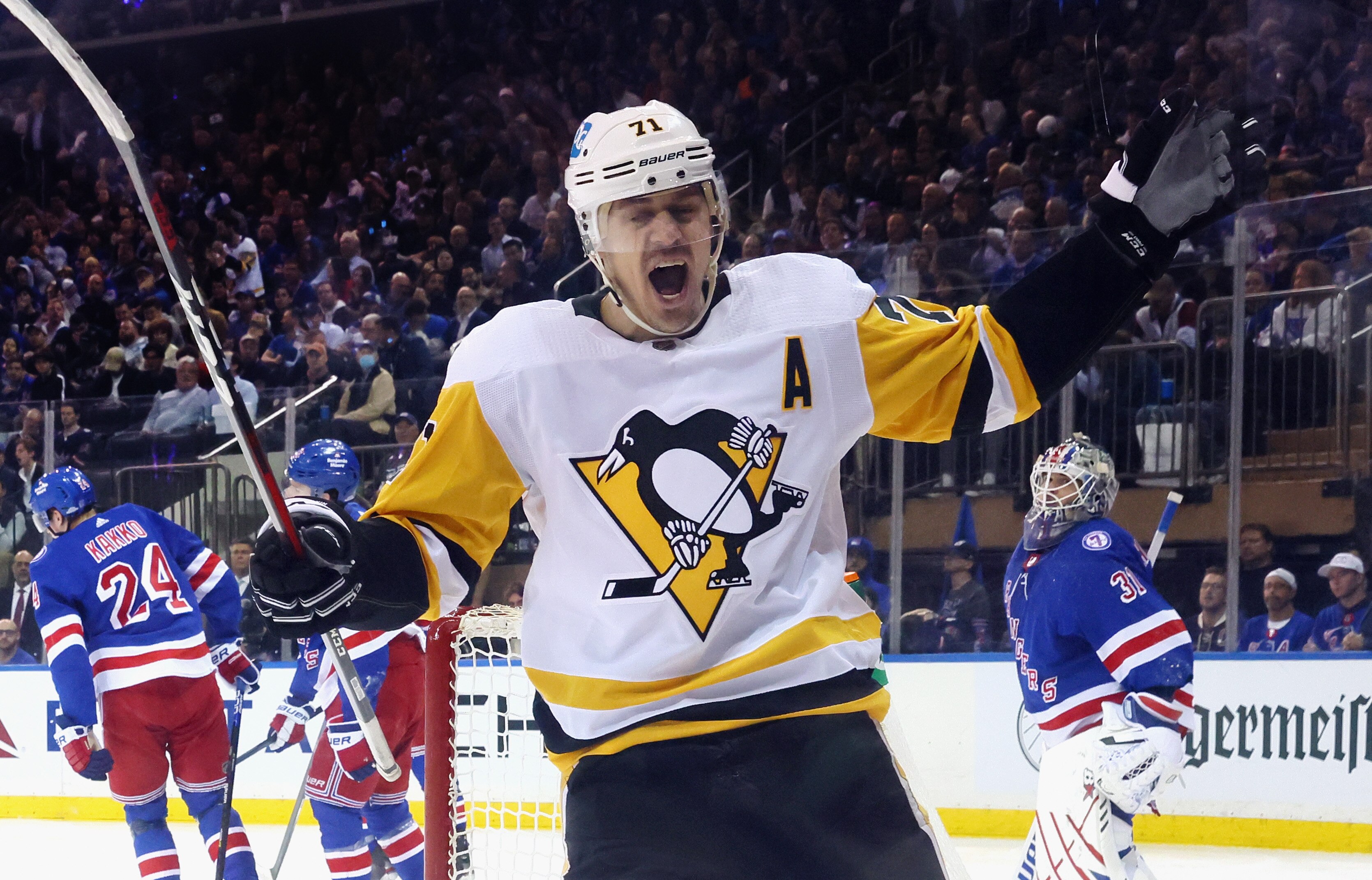 NEW YORK, NEW YORK - MAY 11: Evgeni Malkin #71 of the Pittsburgh Penguins skates against the New York Rangers in Game Five of the First Round of the 2022 Stanley Cup Playoffs at Madison Square Garden on May 11, 2022 in New York City.  (Photo by Bruce Bennett/Getty Images)