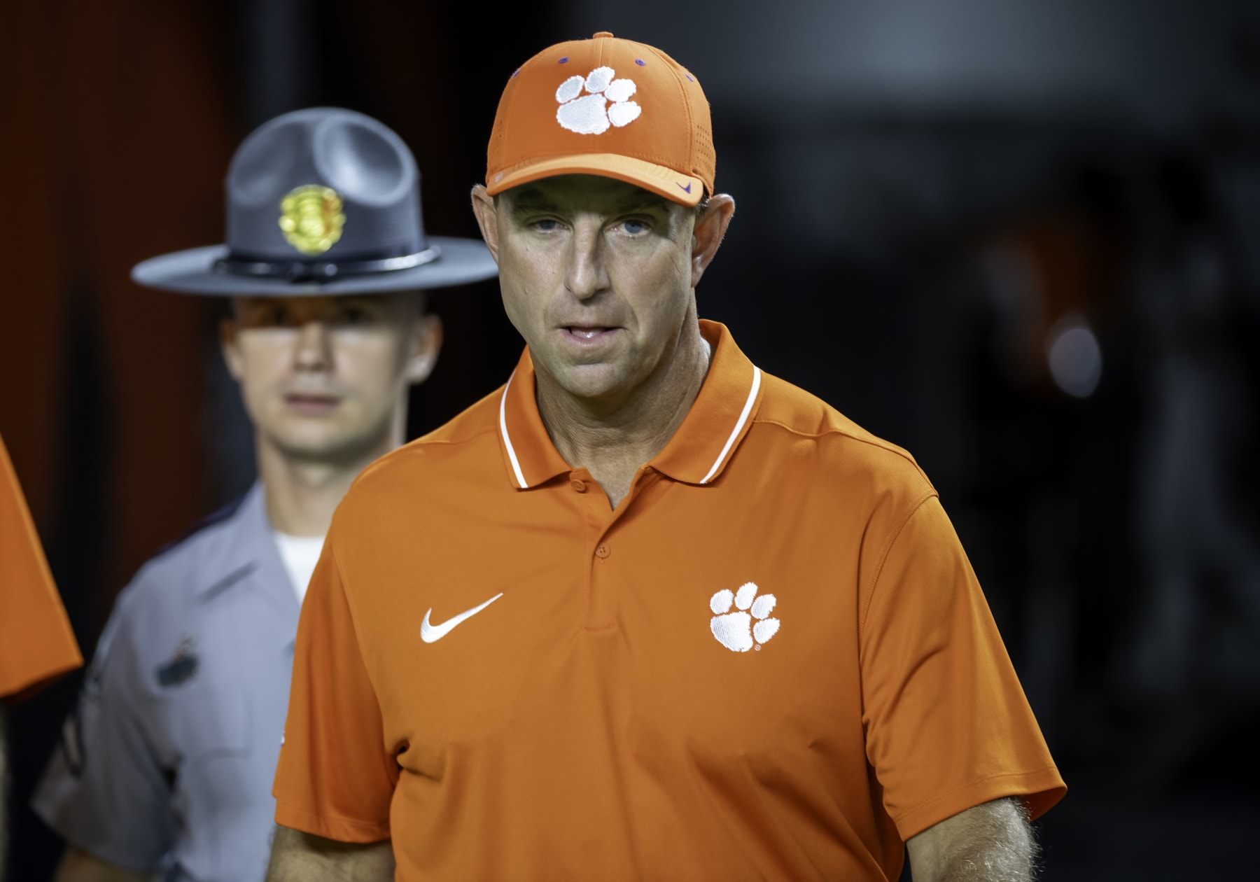 MIAMI GARDENS, FL - OCTOBER 21: Clemson head coach Dabo Swinney walks onto the field before the college football game between the Clemson Tigers and the University of Miami Hurricanes on October 21, 2023 at the Hard Rock Stadium in Miami Gardens, FL. (Photo by Doug Murray/Icon Sportswire via Getty Images)