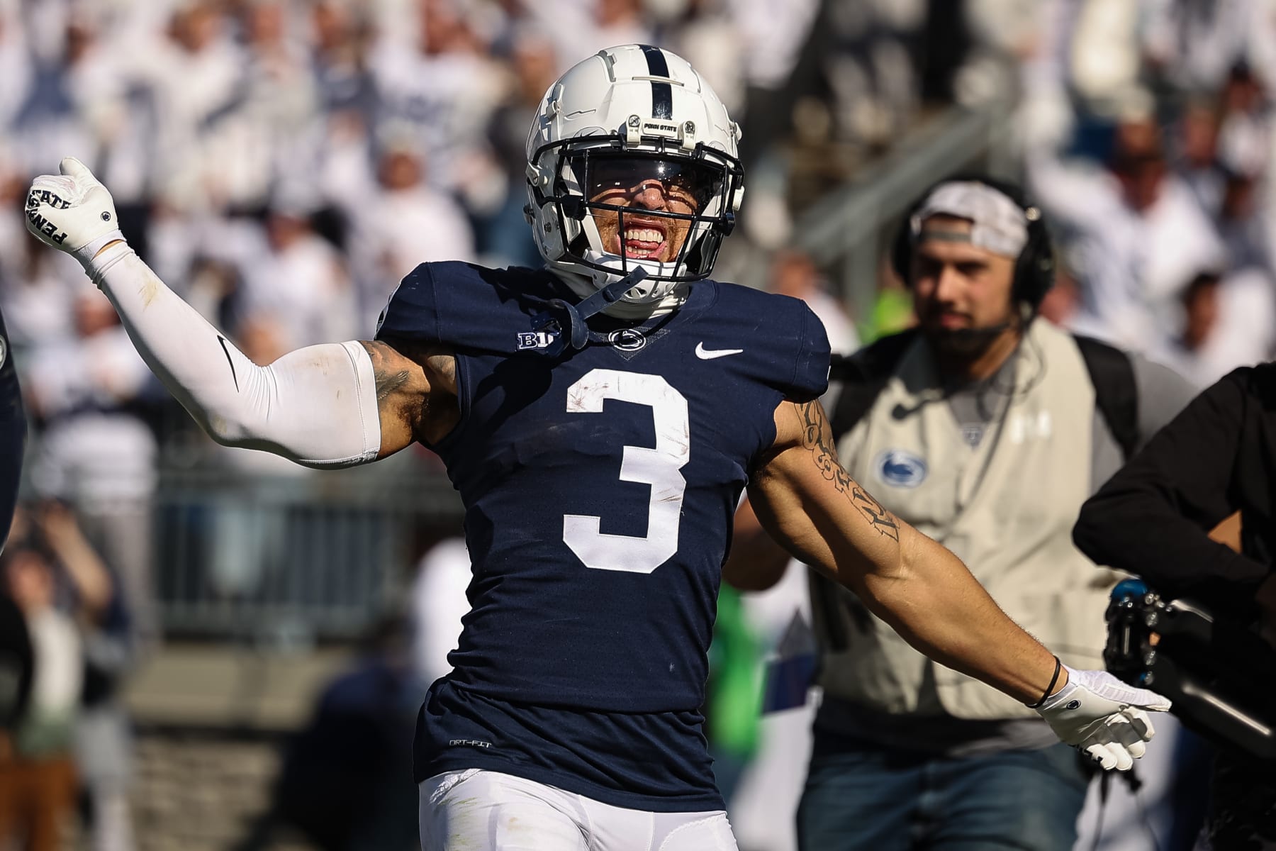 STATE COLLEGE, PA - OCTOBER 29: Parker Washington #3 of the Penn State Nittany Lions celebrates after scoring a touchdown against the Ohio State Buckeyes during the first half at Beaver Stadium on October 29, 2022 in State College, Pennsylvania. (Photo by Scott Taetsch/Getty Images)