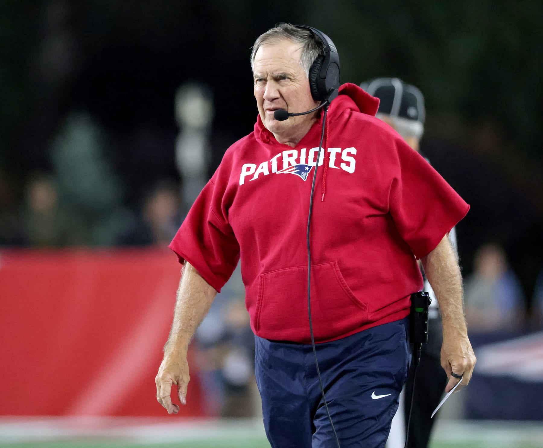 Foxborough, MA - September 17: New England Patriots head coach Bill Belichick walks the sidelines in the first half. The Patriots lost to the Miami Dolphins, 24-17. (Photo by Matthew J. Lee/The Boston Globe via Getty Images)
