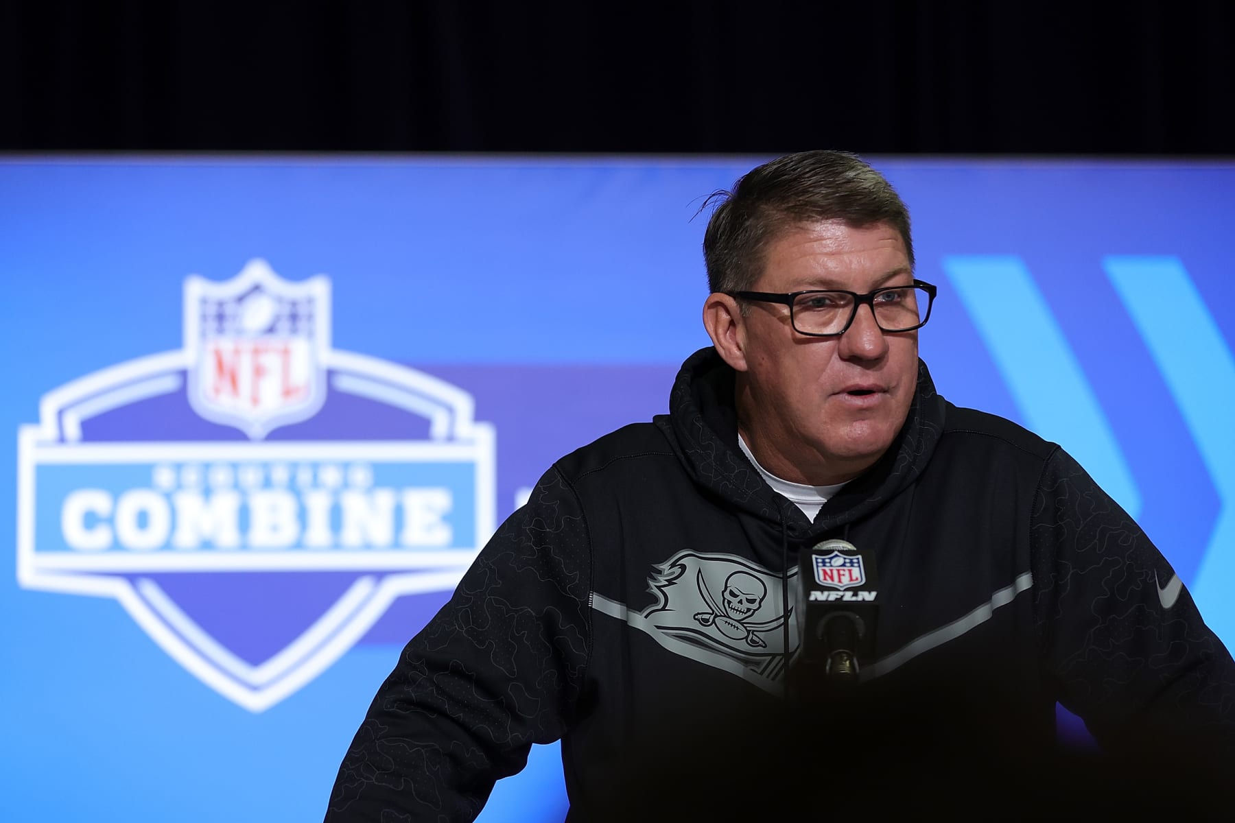 INDIANAPOLIS, INDIANA - FEBRUARY 28: General manager Jason Licht of the Tampa Bay Buccaneers speaks to the media during the NFL Combine at the Indiana Convention Center on February 28, 2023 in Indianapolis, Indiana. (Photo by Stacy Revere/Getty Images)