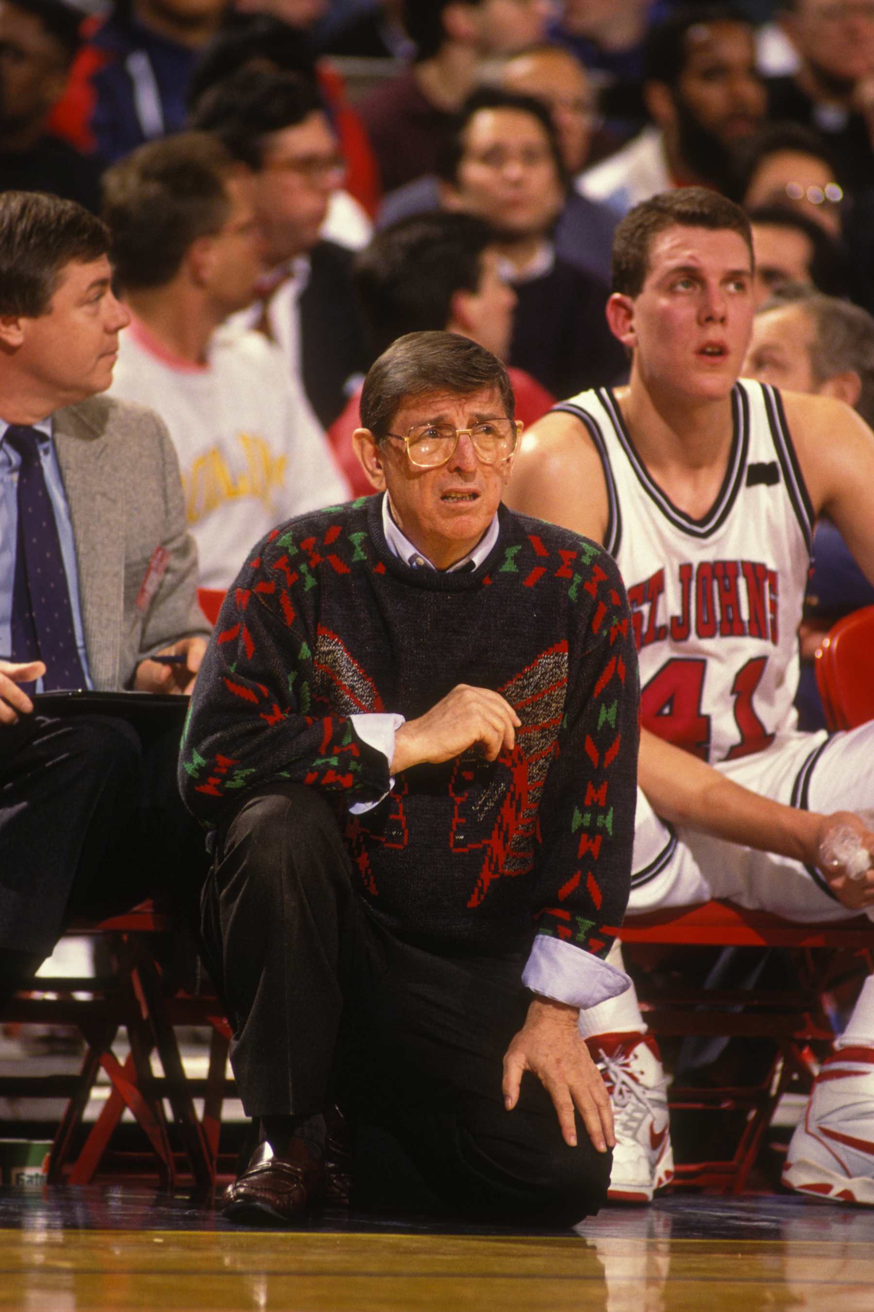 NEW YORK, NY - MARCH 10:  Lou Carnesecca, head caoch of the St. John's Redmen, during asemi-final Big East Conferance Touranment college basketball game against the Georgetown Hoyas at Madison Square Garden on March 10, 1991 in New York, New York.  (Photo by Mitchell Layton/Getty Images)