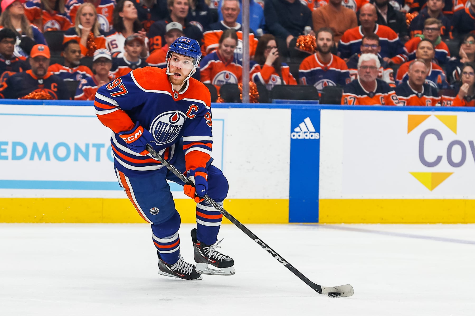 EDMONTON, AB - MAY 08: Edmonton Oilers Center Connor McDavid (97) in action in the first period of game three in the Western Conference Second Round of the Edmonton Oilers versus the Las Vegas Golden Knights on May 08, 2023 at Rogers Place in Edmonton, AB. (Photo by Curtis Comeau/Icon Sportswire via Getty Images)