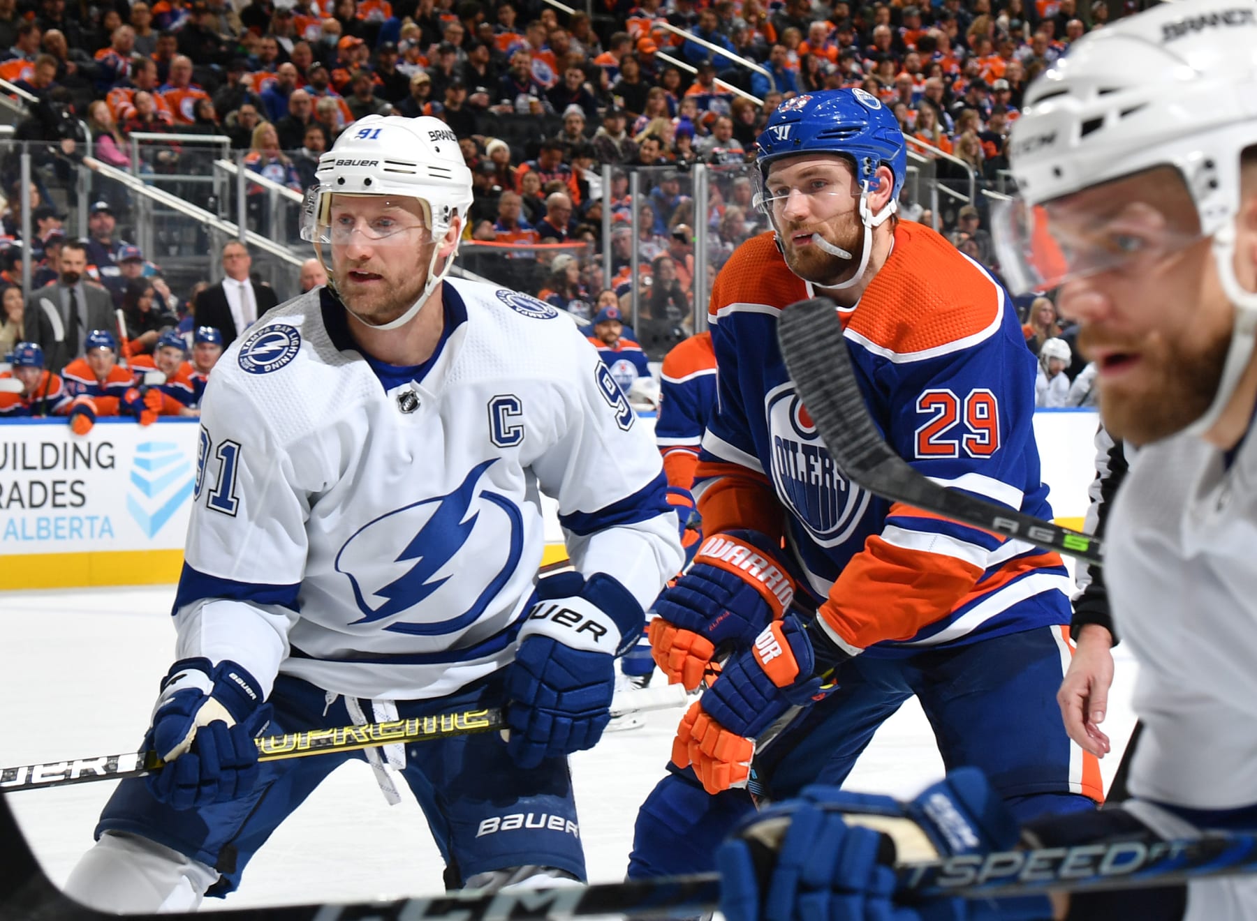 Tampa Bay Lightning captain Steven Stamkos (left) and Edmonton Oilers center Leon Draisaitl. 