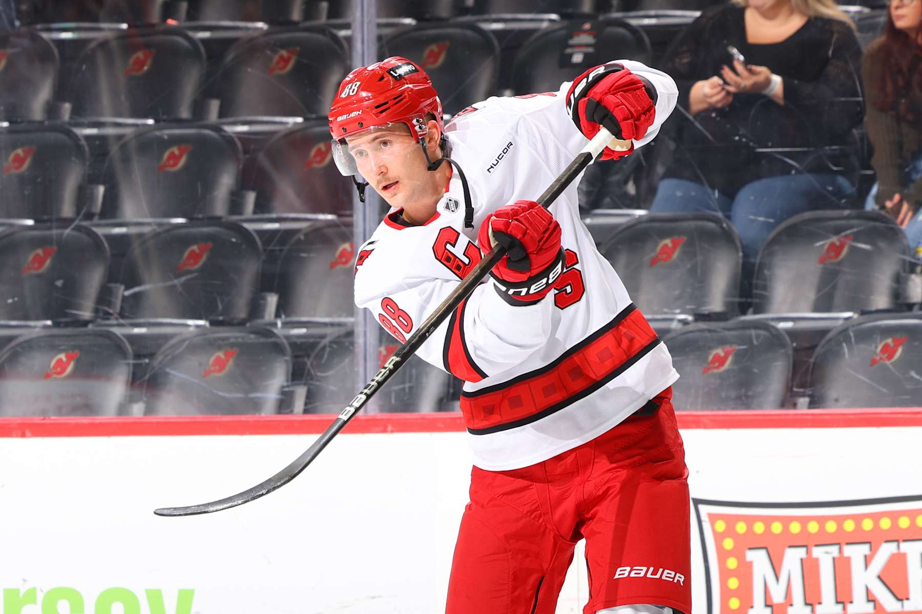 NEWARK, NJ - NOVEMBER 21:  Martin Necas #88 of the Carolina Hurricanes warms up prior to the game against the New Jersey Devils at the Prudential Center on November 21, 2024 in Newark, New Jersey.  (Photo by Rich Graessle/NHLI via Getty Images)