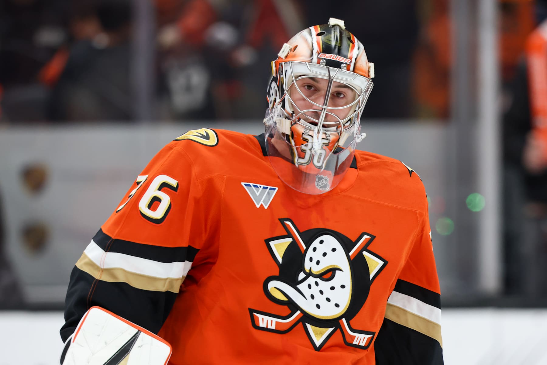 ANAHEIM, CA - JANUARY 25:  John Gibson #36 of the Anaheim Ducks smiles during warm ups prior to the game against the Nashville Predators at Honda Center on January 25, 2025 in Anaheim, California. (Photo by Debora Robinson/NHLI via Getty Images)