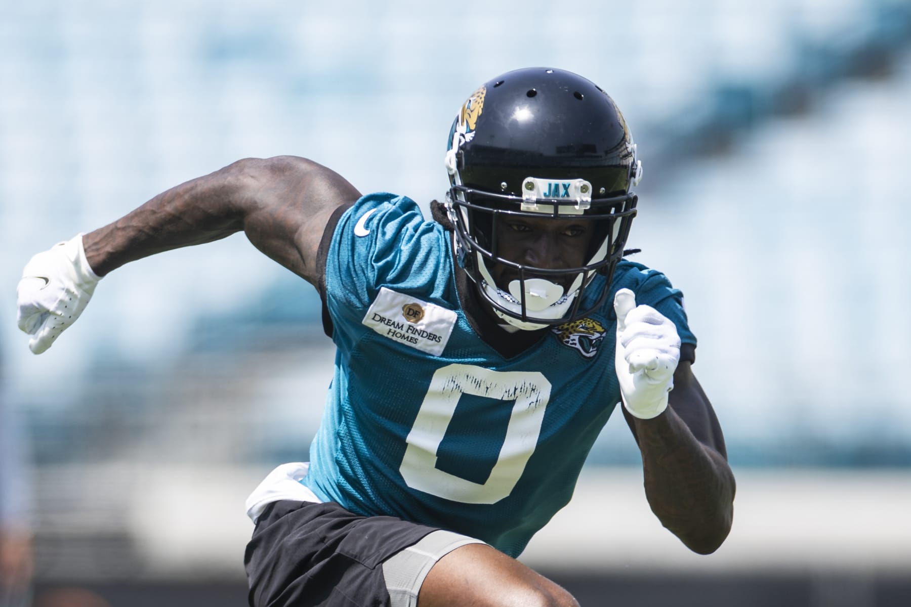 JACKSONVILLE, FLORIDA - MAY 30: Calvin Ridley #0 of the Jacksonville Jaguars runs a drill during an offseason workout on May 30, 2023 at TIAA Bank Field in Jacksonville, Florida. (Photo by James Gilbert/Getty Images)