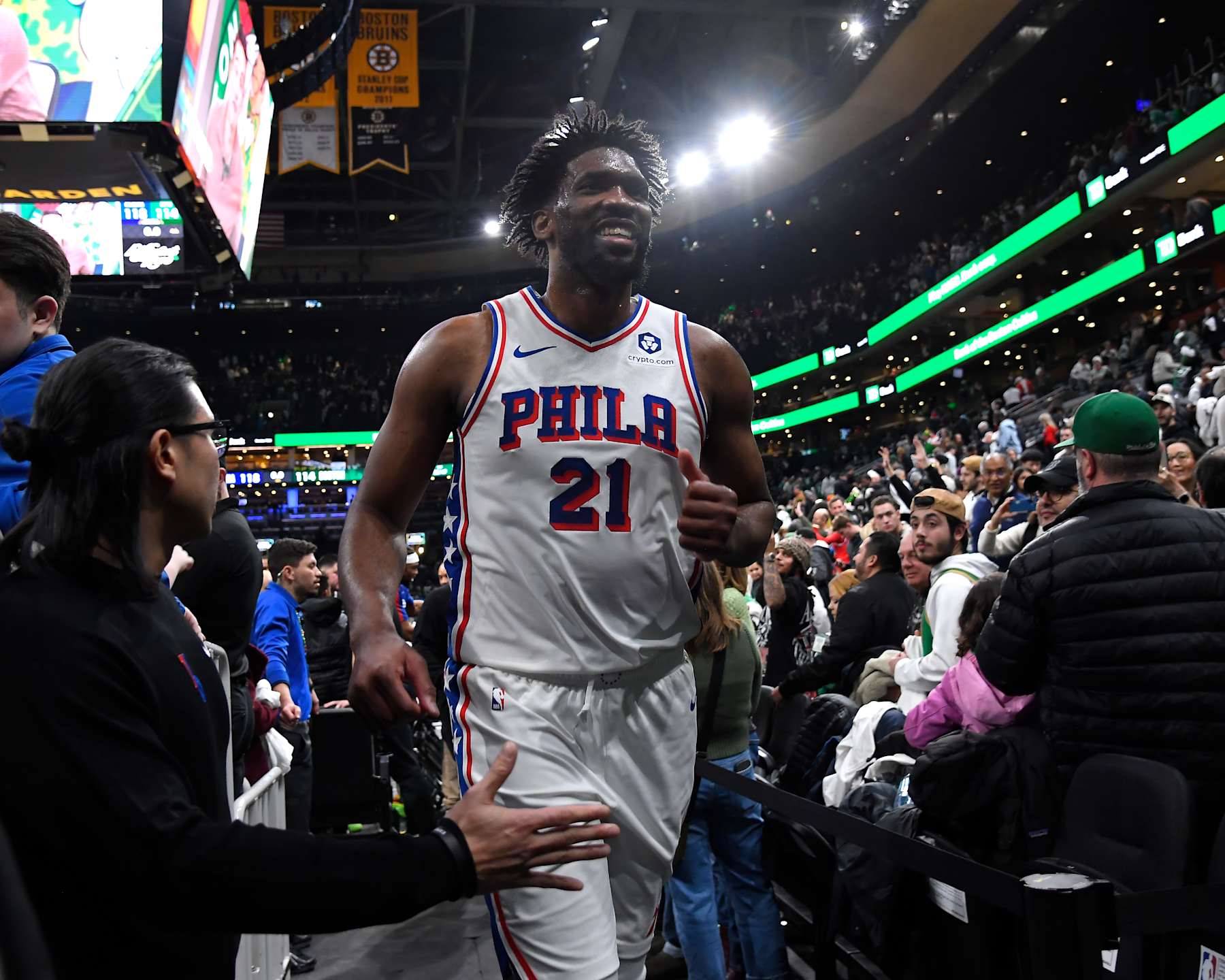 BOSTON, MA - DECEMBER 25: Joel Embiid #21 of the Philadelphia 76ers smiles after the game against the Boston Celtics on December 25, 2024 at the TD Garden in Boston, Massachusetts. NOTE TO USER: User expressly acknowledges and agrees that, by downloading and or using this photograph, User is consenting to the terms and conditions of the Getty Images License Agreement. Mandatory Copyright Notice: Copyright 2024 NBAE(Photo by Brian Babineau/NBAE via Getty Images)