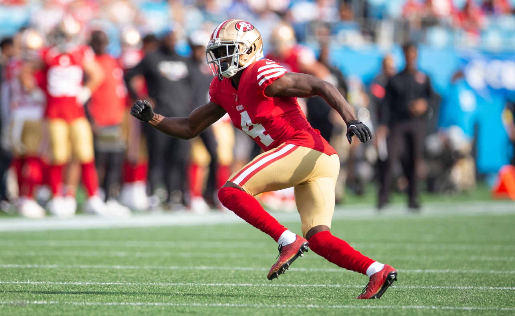 CHARLOTTE, NC - OCTOBER 9: Emmanuel Moseley #4 of the San Francisco 49ers defends during the game against the Carolina Panthers at Bank of America Stadium on October 9, 2022 in Charlotte, North Carolina. The 49ers defeated the Panthers 37-15. (Photo by Michael Zagaris/San Francisco 49ers/Getty Images)