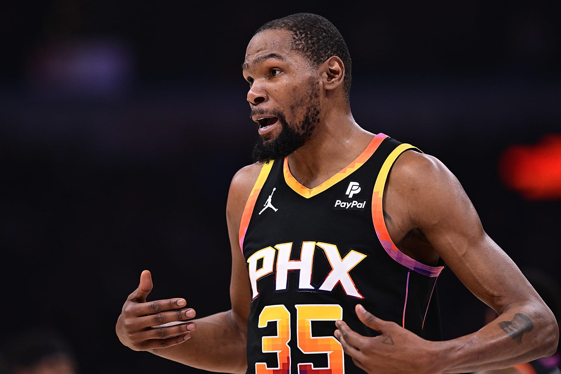 OKLAHOMA CITY, OKLAHOMA - MARCH 29: Kevin Durant #35 of the Phoenix Suns pleads his case during the first half against the Oklahoma City Thunder at Paycom Center on March 29, 2024 in Oklahoma City, Oklahoma. NOTE TO USER: User expressly acknowledges and agrees that, by downloading and or using this Photograph, user is consenting to the terms and conditions of the Getty Images License Agreement. (Photo by Joshua Gateley/Getty Images)