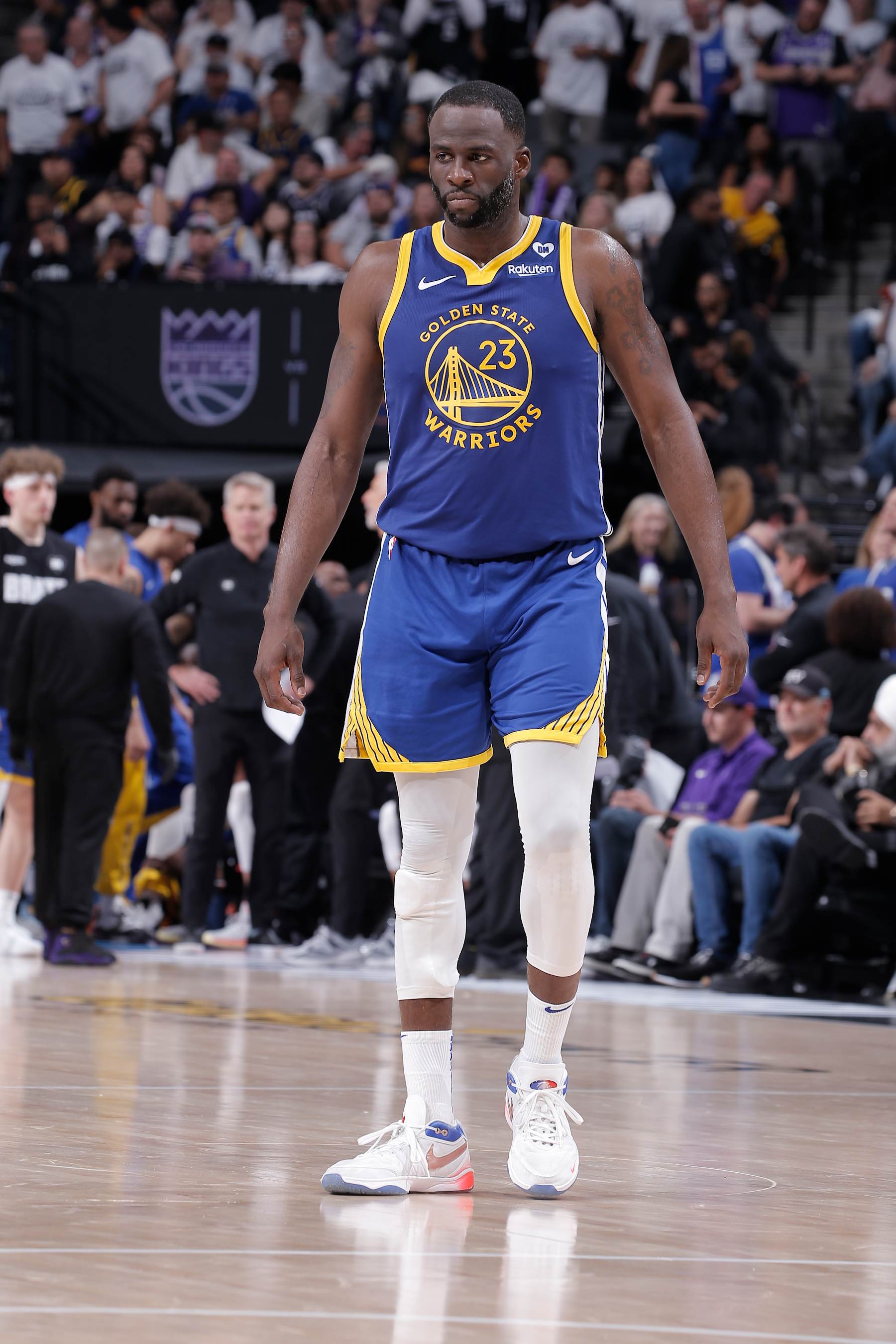 SACRAMENTO, CA - APRIL 16: Draymond Green #23 of the Golden State Warriors looks on during the game against the Sacramento Kings during the 2024 Play-In Tournament on April 16, 2024 at Golden 1 Center in Sacramento, California. NOTE TO USER: User expressly acknowledges and agrees that, by downloading and or using this photograph, User is consenting to the terms and conditions of the Getty Images Agreement. Mandatory Copyright Notice: Copyright 2024 NBAE (Photo by Rocky Widner/NBAE via Getty Images)