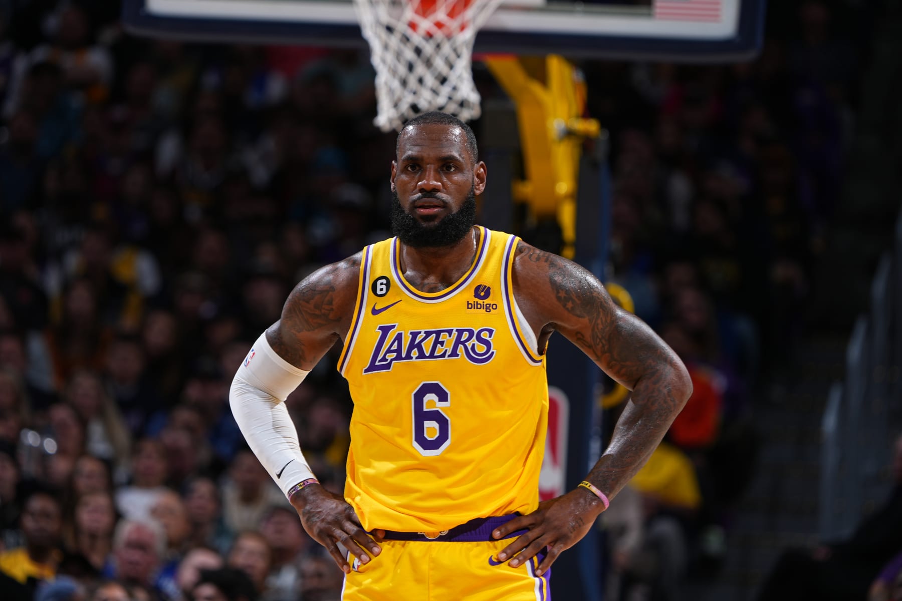 DENVER, CO - OCTOBER 26: LeBron James #6 of the Los Angeles Lakers looks on during the game against the Denver Nuggets on October 26, 2022 at the Ball Arena in Denver, Colorado. NOTE TO USER: User expressly acknowledges and agrees that, by downloading and/or using this Photograph, user is consenting to the terms and conditions of the Getty Images License Agreement. Mandatory Copyright Notice: Copyright 2022 NBAE (Photo by Garrett Ellwood/NBAE via Getty Images)