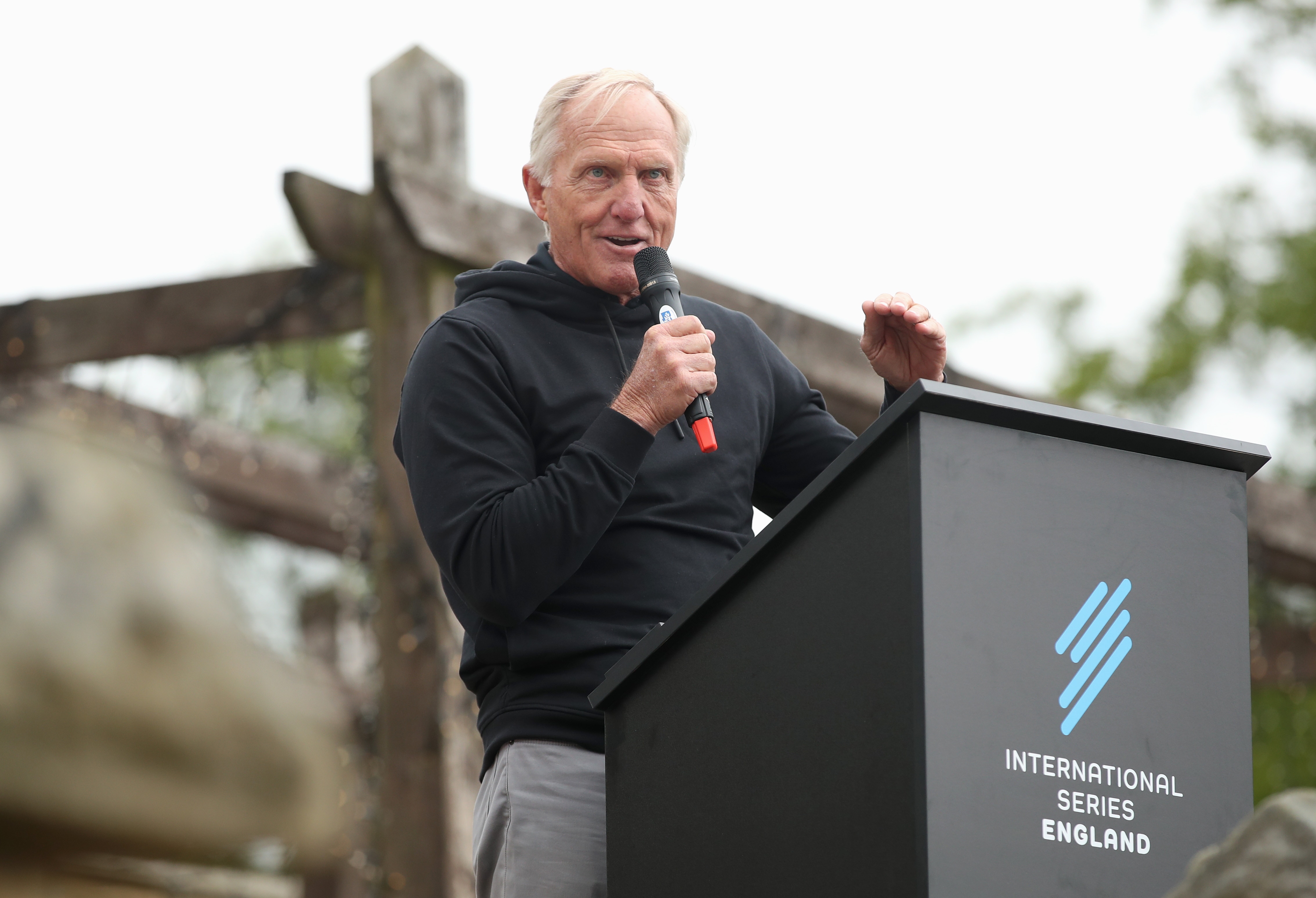 HEXHAM, ENGLAND - JUNE 05: Greg Norman during the prize giving ceremony following Day Four of the International Series England at Slaley Hall on June 05, 2022 in Hexham, England. (Photo by Luke Walker/LIV Golf/Getty Images)