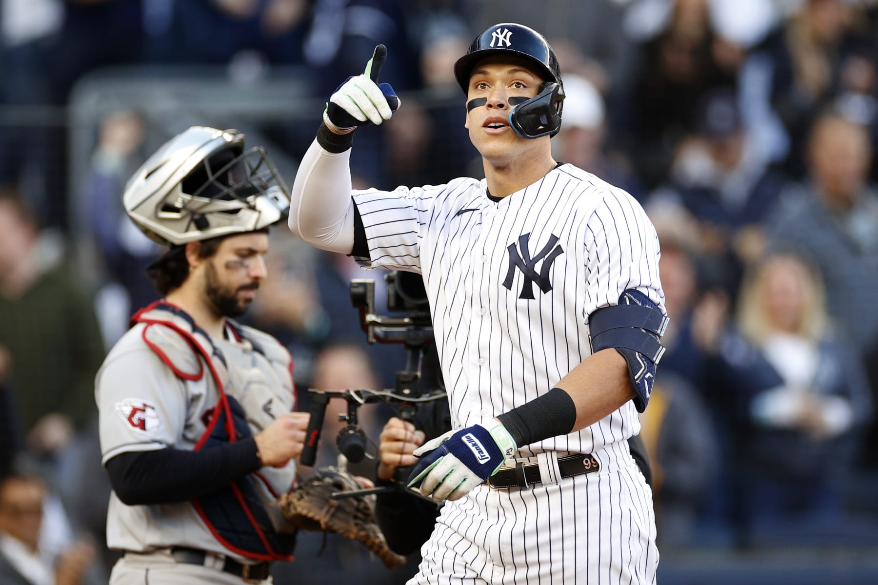 NEW YORK, NEW YORK - OCTOBER 18: Aaron Judge #99 of the New York Yankees reacts after hitting a home run against the Cleveland Guardians during the second inning in game five of the American League Division Series at Yankee Stadium on October 18, 2022 in New York, New York. (Photo by Sarah Stier/Getty Images)