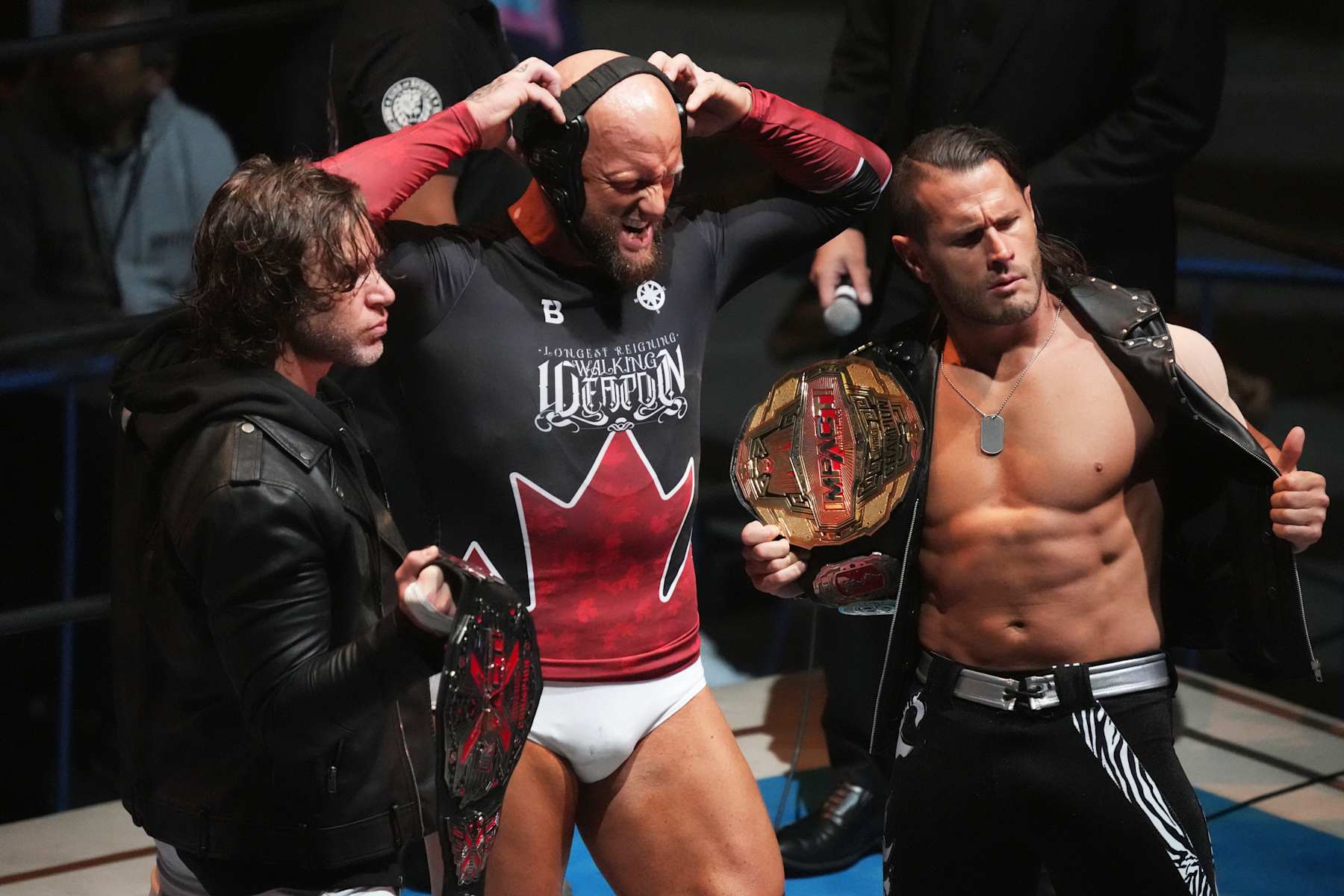 TOKYO, JAPAN - OCTOBER 09: (L-R) Chris Sabin,Josh Alexander and Alex Shelley pose during the New Japan Pro-Wrestling at Ryogoku Kokugikan on October 09, 2023 in Tokyo, Japan. (Photo by Etsuo Hara/Getty Images)