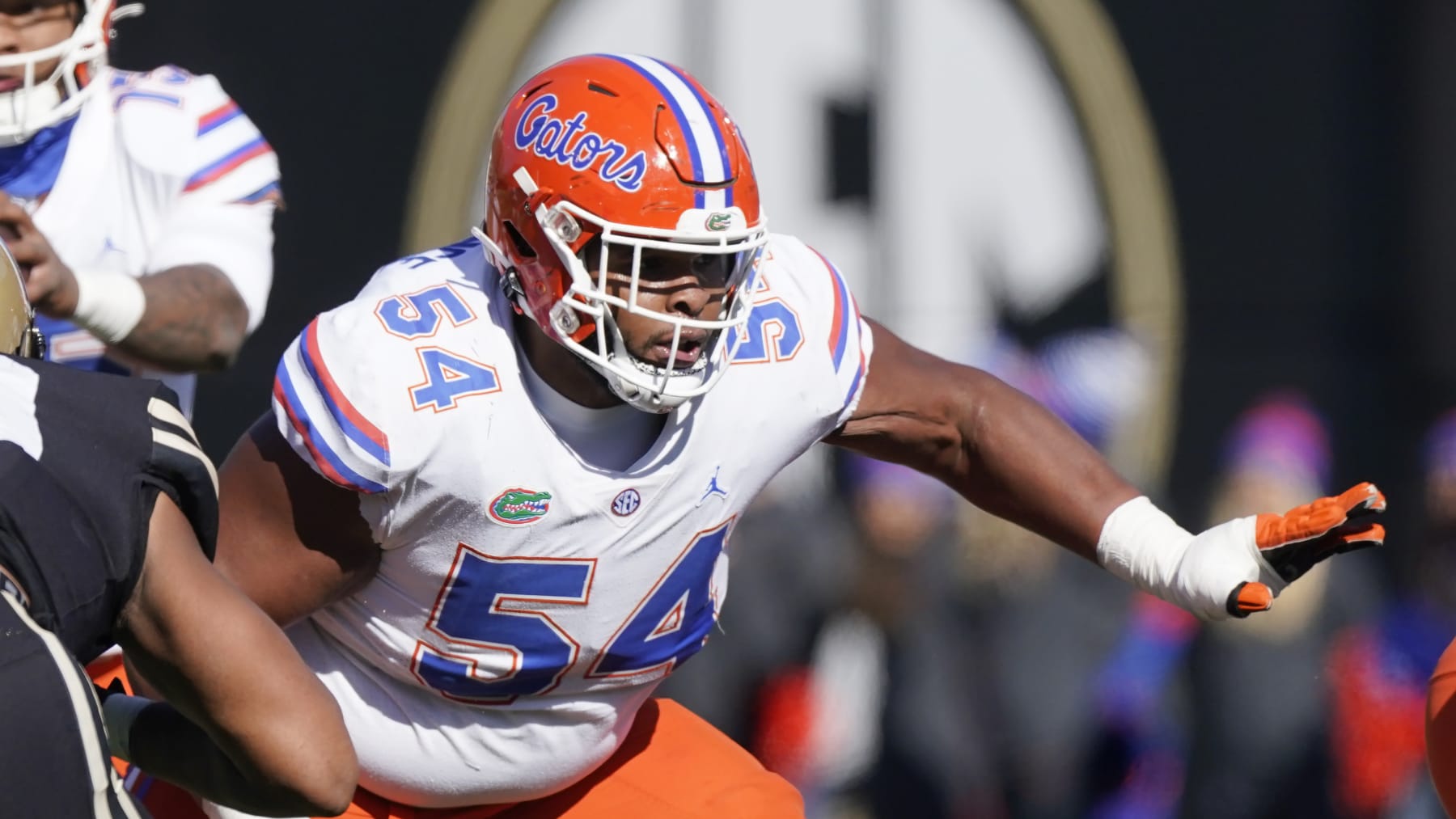 Florida offensive lineman O'Cyrus Torrence plays against Vanderbilt in the first half of an NCAA college football game Saturday, Nov. 19, 2022, in Nashville, Tenn. (AP Photo/Mark Humphrey)