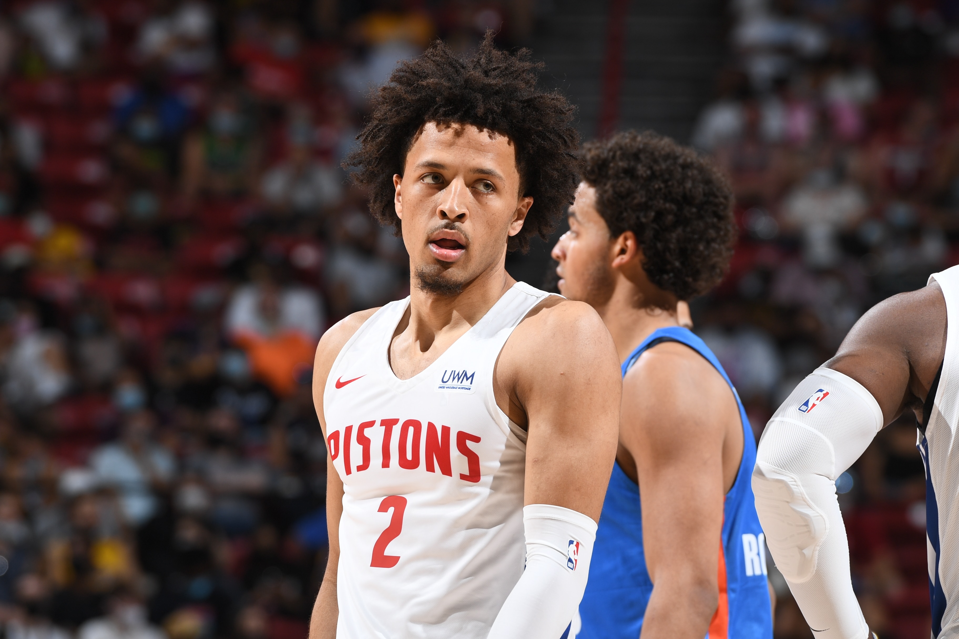 LAS VEGAS, NV - AUGUST 8: Cade Cunningham #2 of the Detroit Pistons looks on during the 2021 Las Vegas Summer League on August 8, 2021 at the Thomas & Mack Center in Las Vegas, Nevada. NOTE TO USER: User expressly acknowledges and agrees that, by downloading and/or using this Photograph, user is consenting to the terms and conditions of the Getty Images License Agreement. Mandatory Copyright Notice: Copyright 2021 NBAE (Photo by Garrett Ellwood/NBAE via Getty Images)