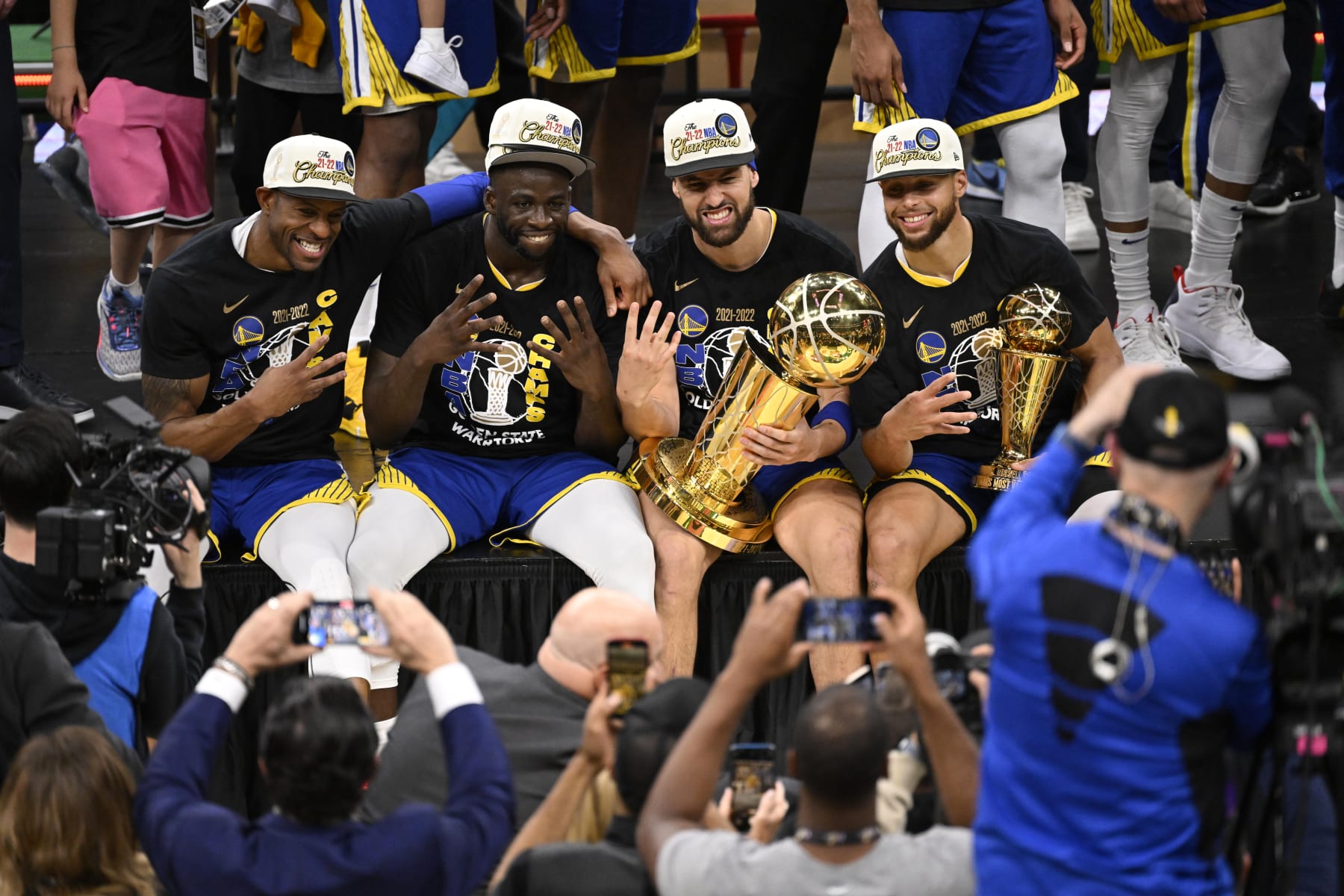 Basketball: NBA Finals: Golden State Warriors Stephen Curry (30), Klay Thompson (11), Draymond Green (23) and Andrew Iguodala (11) pose for a photo victorious vs Boston Celtics at TD Garden. Game 6. Boston, MA 6/16/2022 CREDIT: Greg Nelson (Photo by Greg Nelson/Sports Illustrated via Getty Images) (Set Number: X164099 TK1)