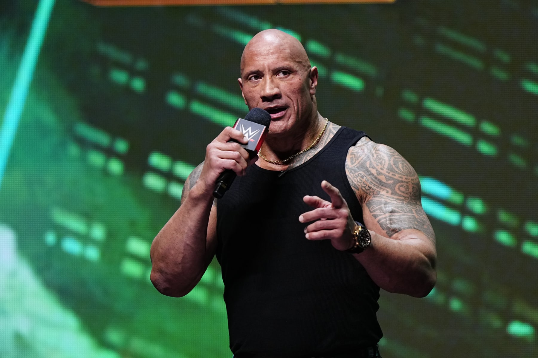 LAS VEGAS, NV - FEBRUARY 08:  Dwayne "The Rock" Johnson, Ten-Time WWE World Champion during the WWE Wrestlemania XL Kickoff on February 08, 2024, at T-Mobile Arena in Las Vegas, NV. (Photo by Louis Grasse/PXimages/Icon Sportswire via Getty Images)