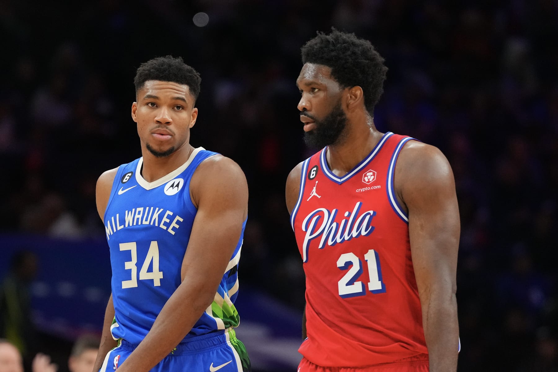 PHILADELPHIA, PA - NOVEMBER 18: Giannis Antetokounmpo #34 of the Milwaukee Bucks looks on against Joel Embiid #21 of the Philadelphia 76ers at the Wells Fargo Center on November 18, 2022 in Philadelphia, Pennsylvania. NOTE TO USER: User expressly acknowledges and agrees that, by downloading and or using this photograph, User is consenting to the terms and conditions of the Getty Images License Agreement. (Photo by Mitchell Leff/Getty Images)
