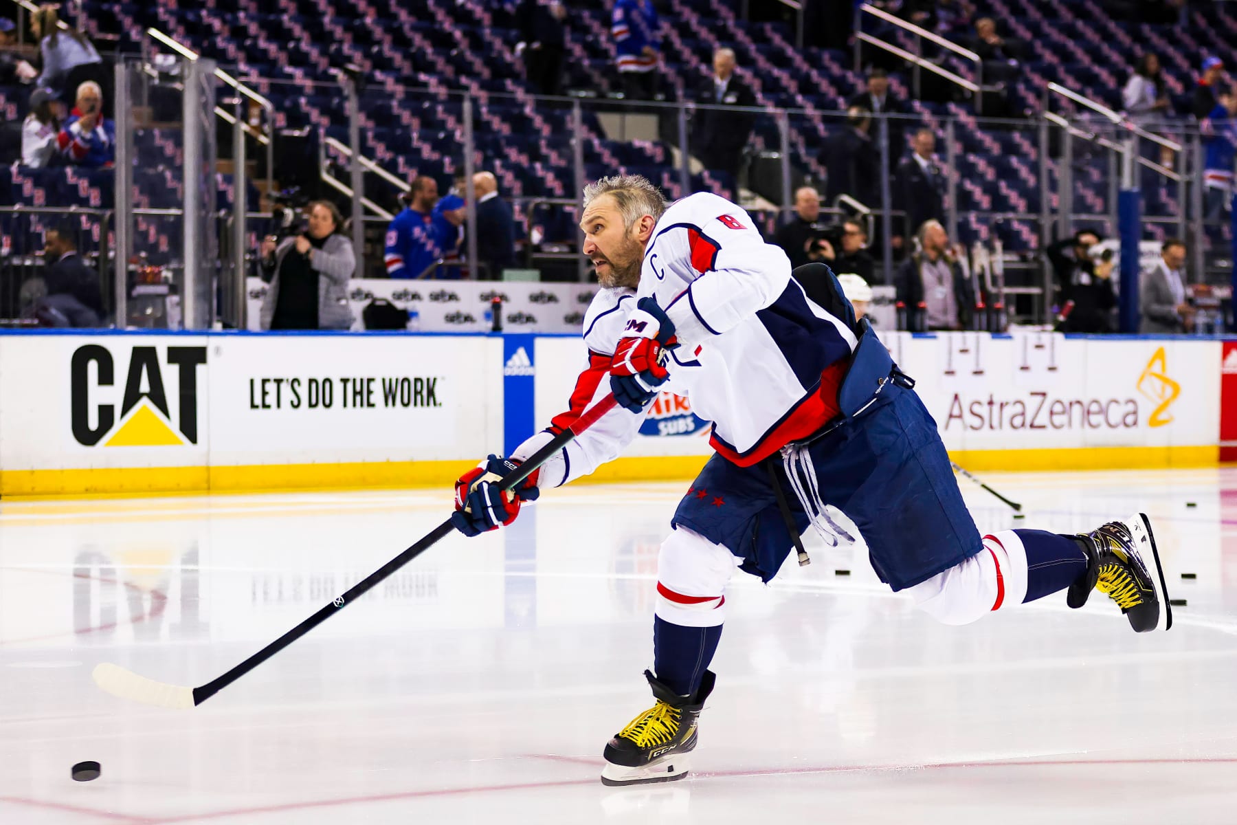 NEW YORK, NY - APRIL 21: Washington Capitals Left Wing Alex Ovechkin (8) in action prior to the National Hockey League Stanley Cup Playoffs Eastern Conference First Round game between the Washington Capitals and the New York Rangers on March 21, 2024 at Madison Square Garden in New York, NY. (Photo by Joshua Sarner/Icon Sportswire via Getty Images)