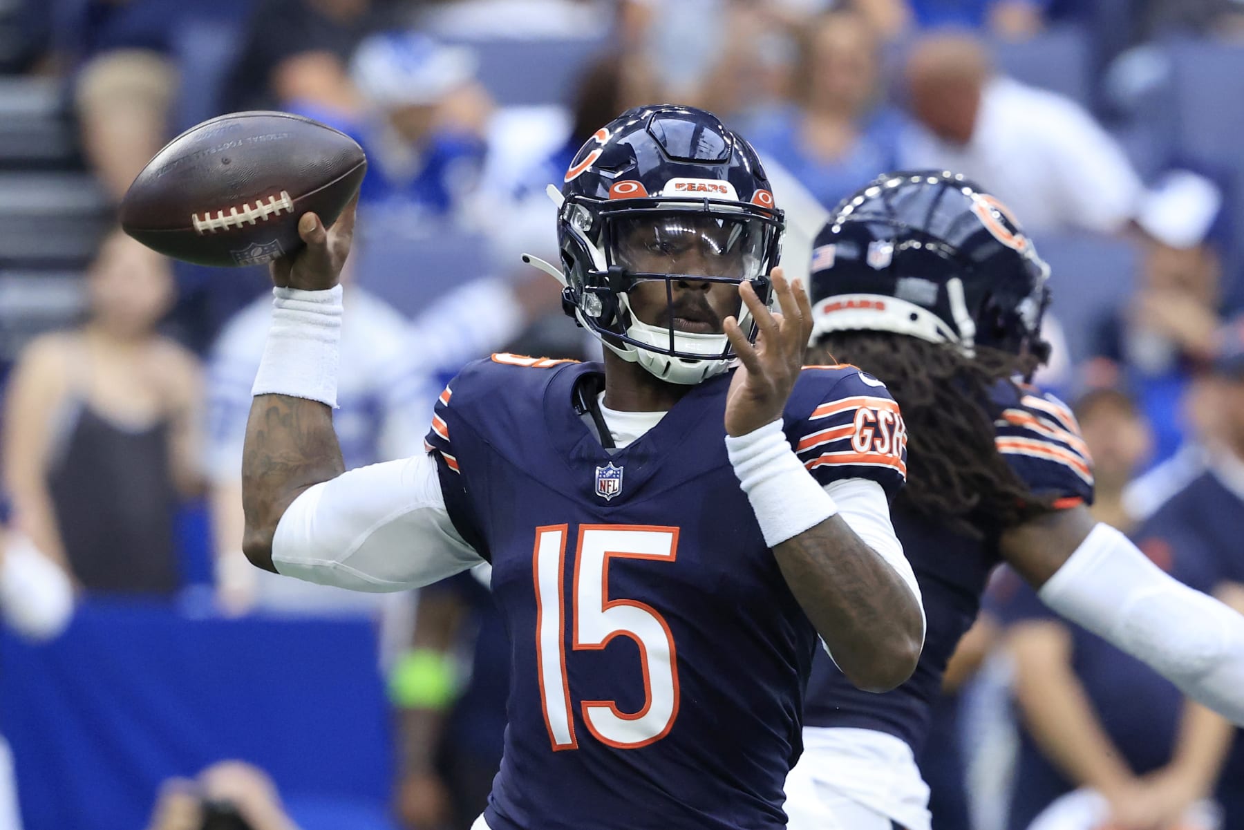 INDIANAPOLIS, INDIANA - AUGUST 19: PJ Walker #15 of the Chicago Bears throws a pass during the first quarter in the preseason game against the Indianapolis Colts at Lucas Oil Stadium on August 19, 2023 in Indianapolis, Indiana. (Photo by Justin Casterline/Getty Images)