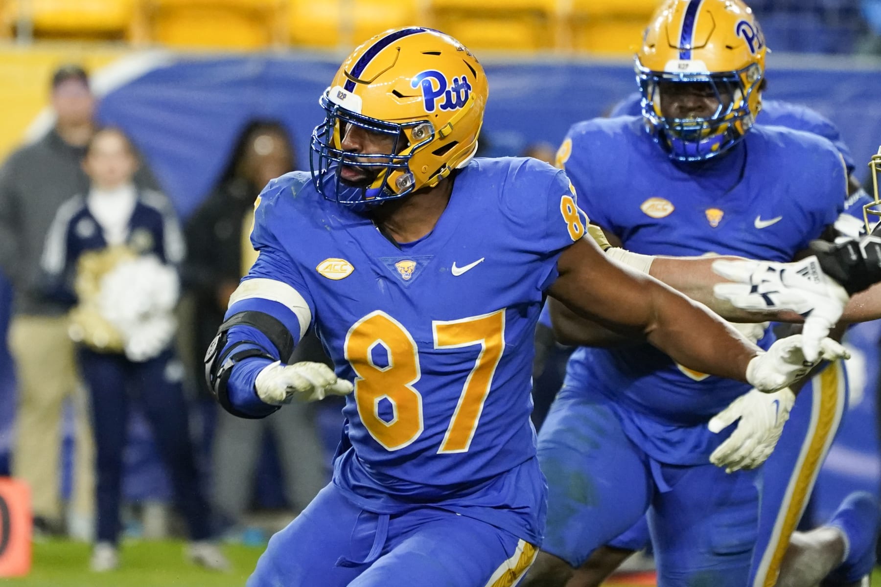 Pittsburgh defensive lineman Habakkuk Baldonado (87) plays against Georgia Tech during the second half of an NCAA college football game, Saturday, Oct. 1, 2022, in Pittsburgh. Georgia Tech won 26-21. (AP Photo/Keith Srakocic)
