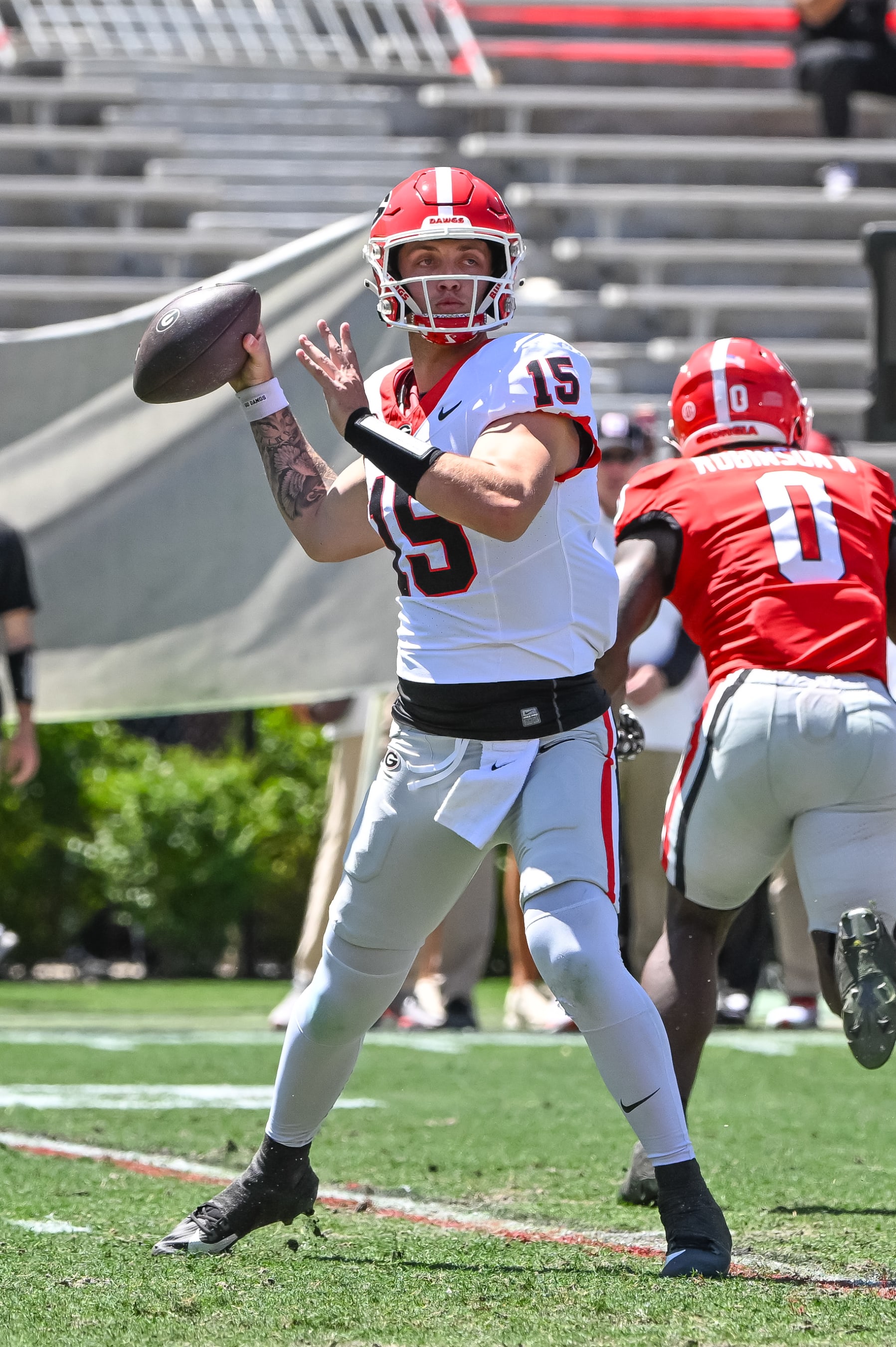 ATHENS, GA - APRIL 13:  Georgia Bulldogs QB Carson Beck (15) during the G-Day Red and Black Spring Game on April 13, 2024, at Sanford Stadium in Athens, GA. (Photo by John Adams/Icon Sportswire via Getty Images)