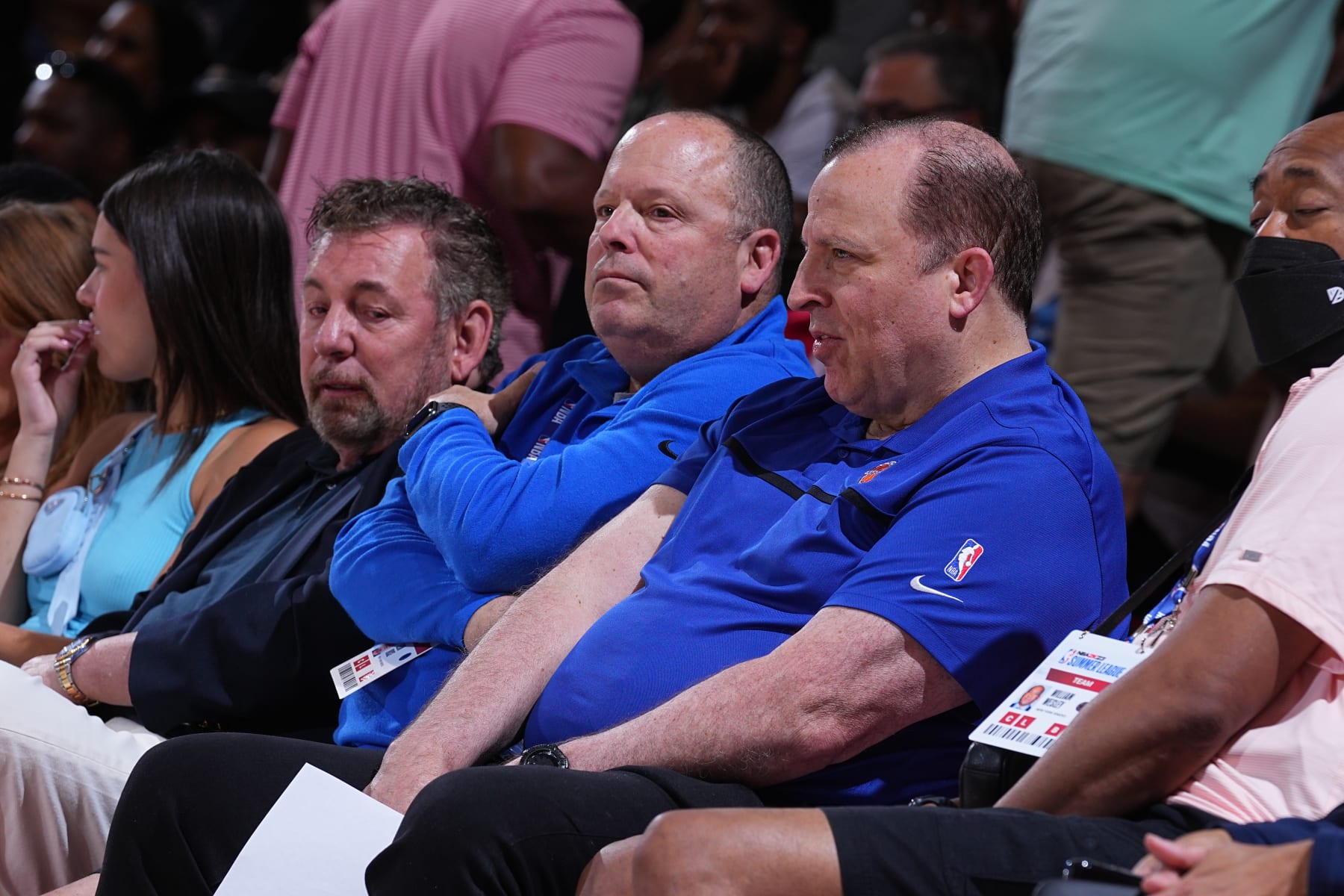 LAS VEGAS, NV - JULY 10: President Leon Rose and Head Coach Tom Thibodeau of the New York Knicks attend a game between the Chicago Bulls and the New York Knicks during the 2022 Las Vegas Summer League on July 10, 2022 at the Cox Pavilion in Las Vegas, Nevada NOTE TO USER: User expressly acknowledges and agrees that, by downloading and/or using this Photograph, user is consenting to the terms and conditions of the Getty Images License Agreement. Mandatory Copyright Notice: Copyright 2022 NBAE (Photo by Bart YoungNBAE via Getty Images)
