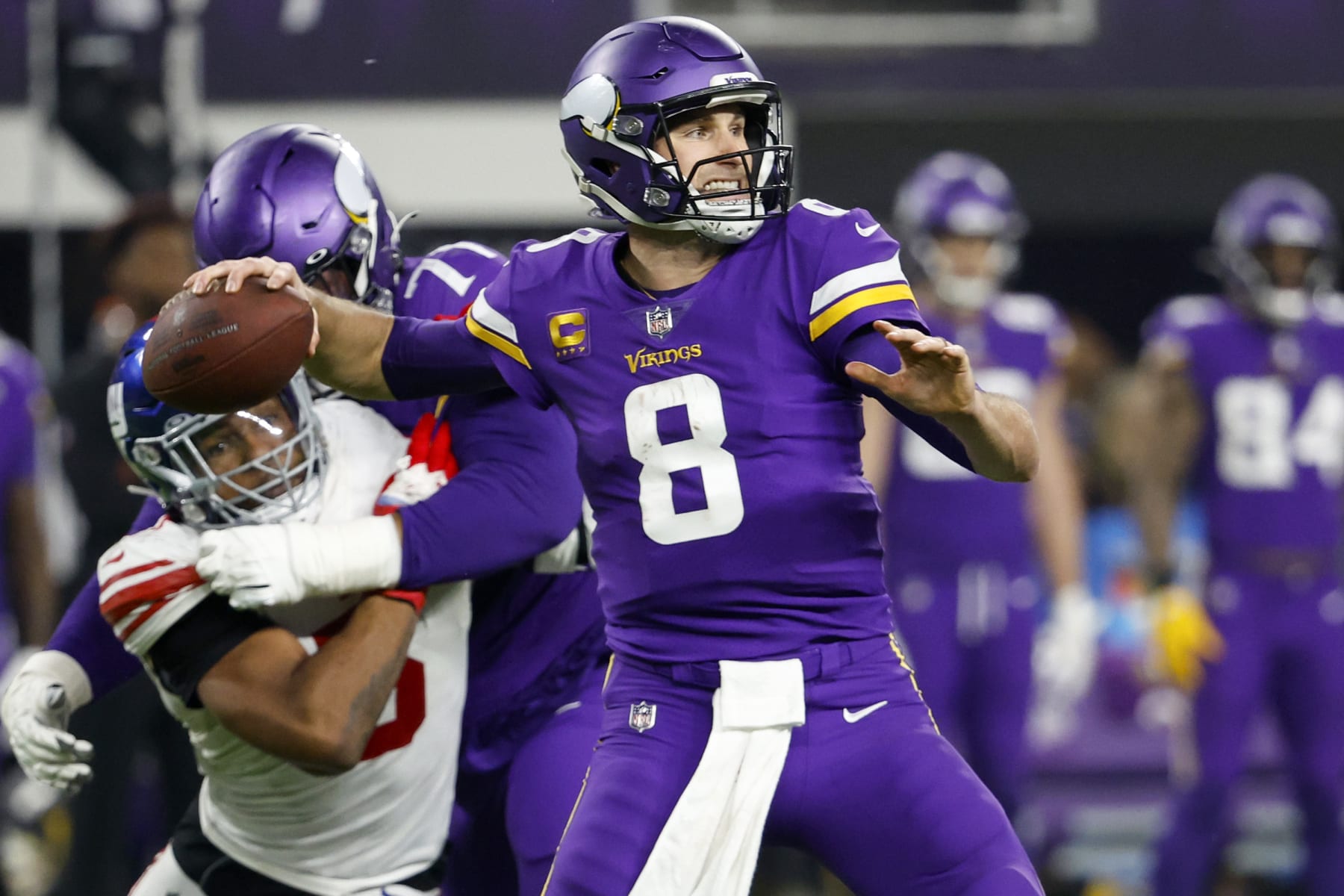 MINNEAPOLIS, MINNESOTA - JANUARY 15: Kirk Cousins #8 of the Minnesota Vikings throws a pass against the New York Giants during the second half in the NFC Wild Card playoff game at U.S. Bank Stadium on January 15, 2023 in Minneapolis, Minnesota. (Photo by David Berding/Getty Images)