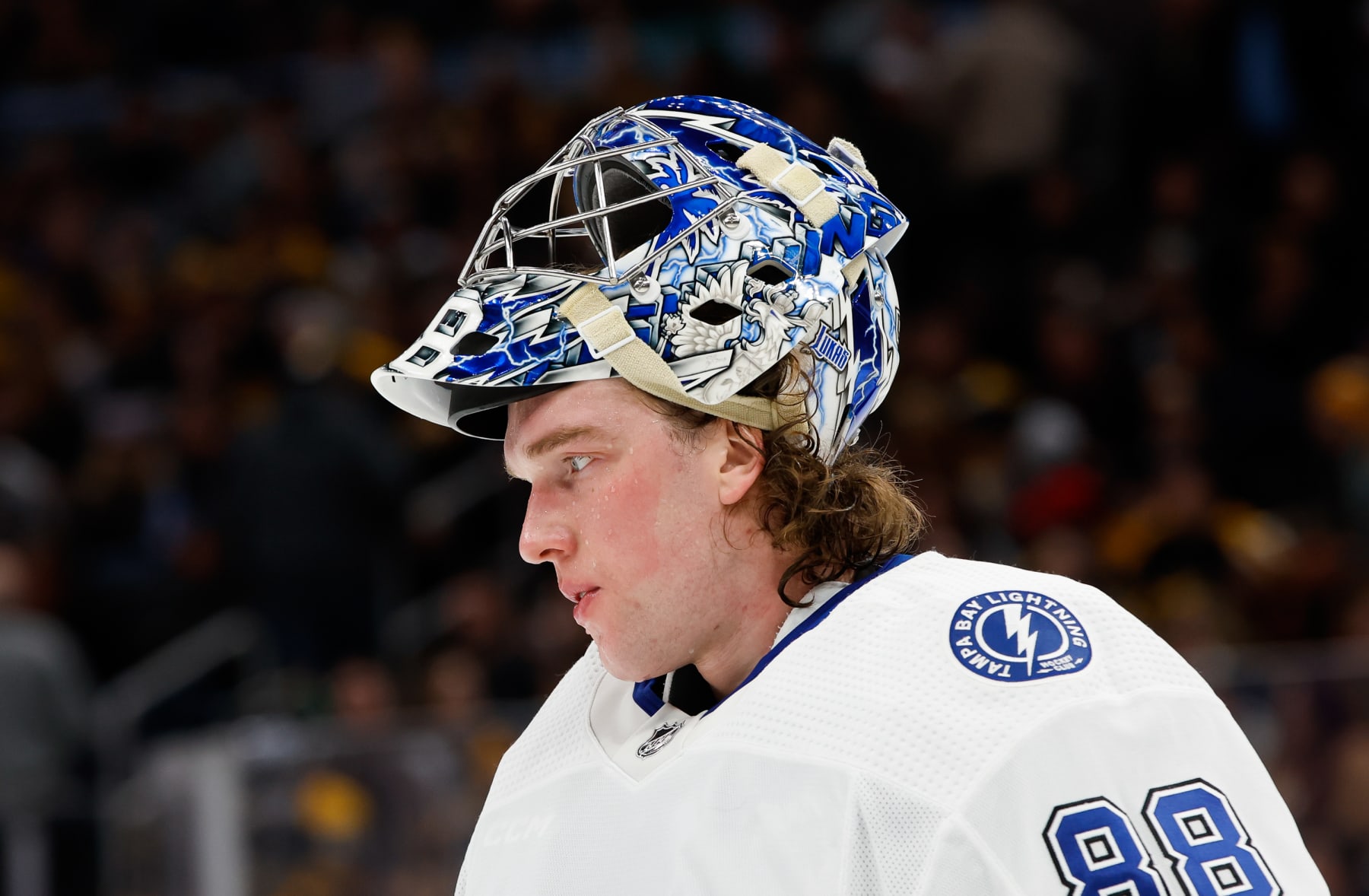 BOSTON, MASSACHUSETTS - JANUARY 6: Andrei Vasilevskiy #88 of the Tampa Bay Lightning tends goal against the Boston Bruins during the first period at the TD Garden on January 6, 2024 in Boston, Massachusetts. The Bruins won 7-3. (Photo by Richard T Gagnon/Getty Images)