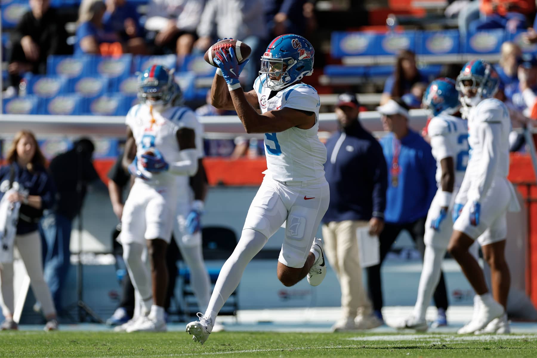 GAINESVILLE, FL - NOVEMBER 23: Mississippi Rebels wide receiver Tre Harris (9) before the game between the Florida Gators and the Mississippi Rebels on November 23, 2024 at Ben Hill Griffin Stadium at Florida Field in Gainesville, Fl. (Photo by David Rosenblum/Icon Sportswire via Getty Images)