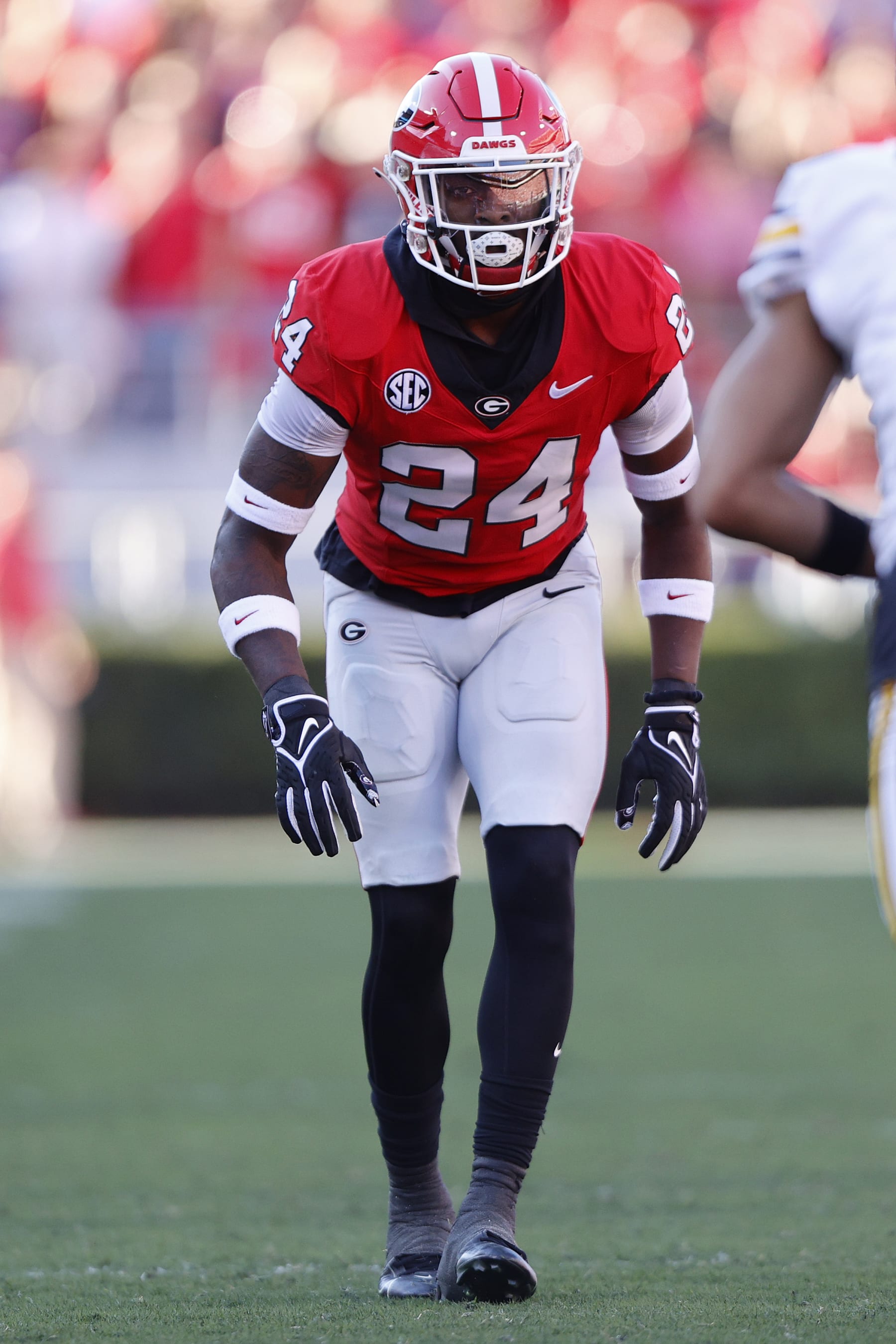 ATHENS, GA - NOVEMBER 04: Georgia Bulldogs defensive back Malaki Starks (24) during the Saturday afternoon college football game between the Georgia Bulldogs and the Missouri Tigers on November 4, 2023 at Sanford Stadium in Athens, GA.   (Photo by David J. Griffin/Icon Sportswire via Getty Images)