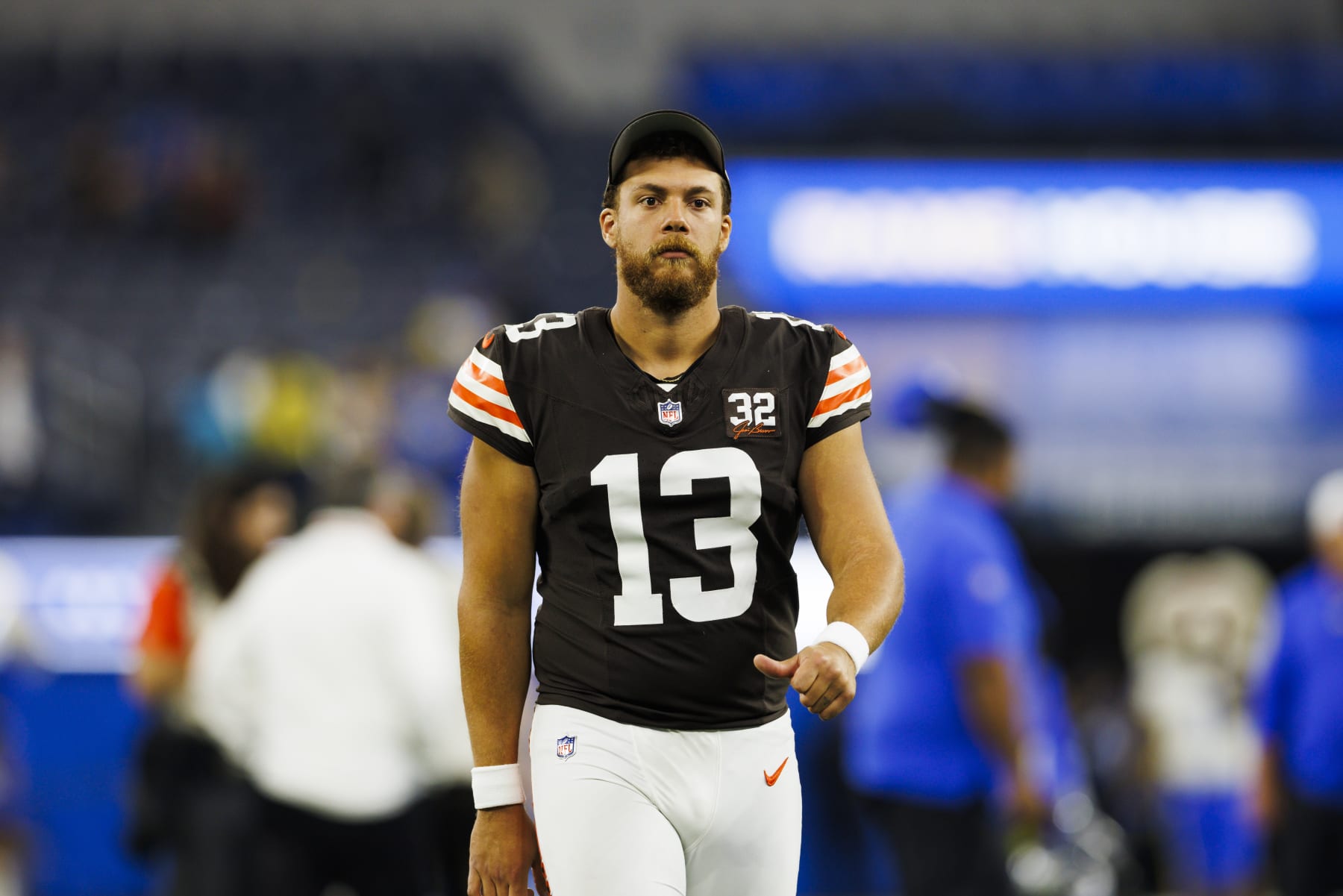 INGLEWOOD, CALIFORNIA - DECEMBER 03: Corey Bojorquez #13 of the Cleveland Browns walks off the field during a game against the Los Angeles Rams at SoFi Stadium on December 03, 2023 in Inglewood, California. (Photo by Ric Tapia/Getty Images)