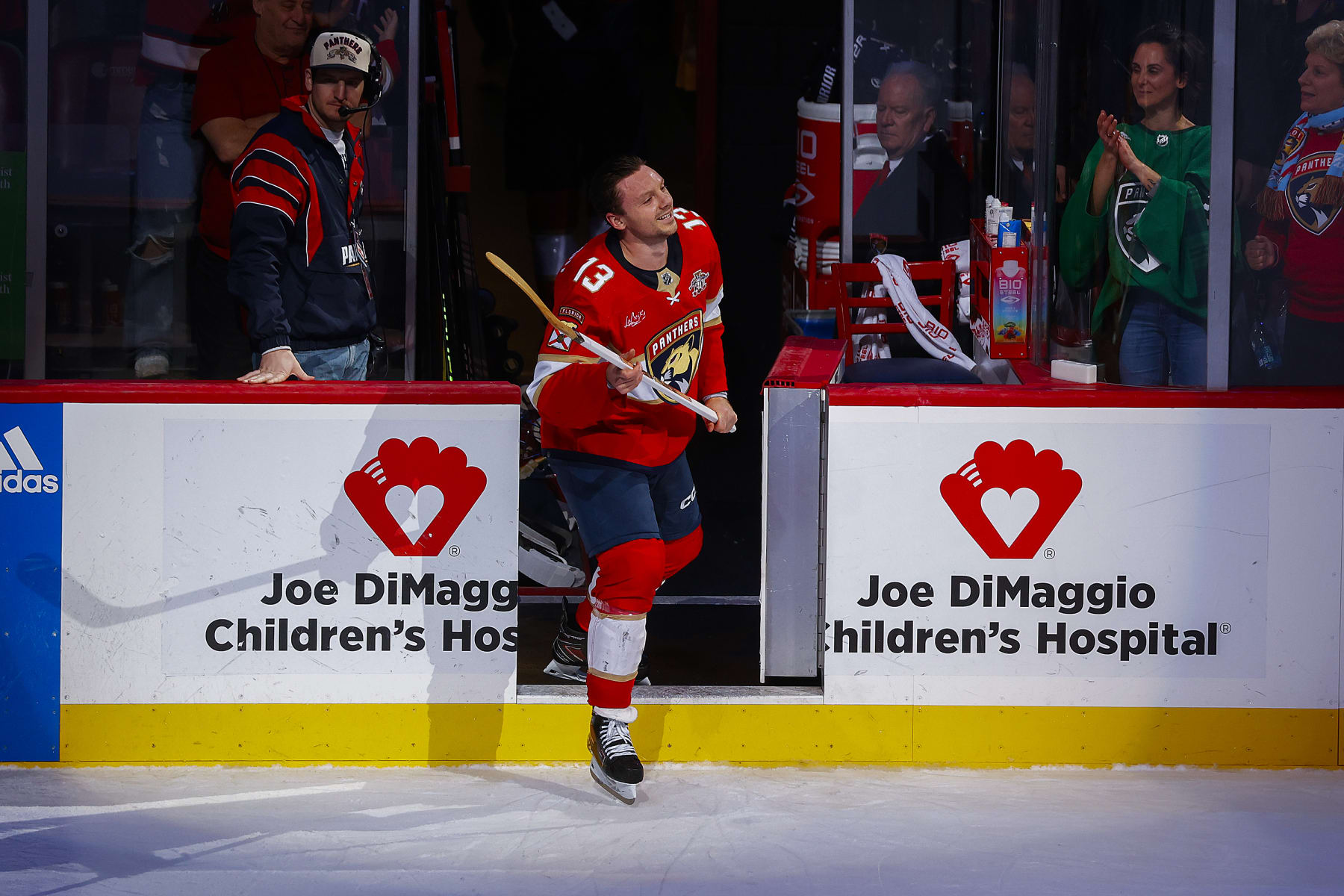 SUNRISE, FL - JANUARY 11: Sam Reinhart #13 of the Florida Panthers skates onto the ice after being awarded the first star of the game following his game-winning goal in overtime against the Los Angeles Kings at the Amerant Bank Arena on January 11, 2024 in Sunrise, Florida. (Photo by Joel Auerbach/Getty Images)