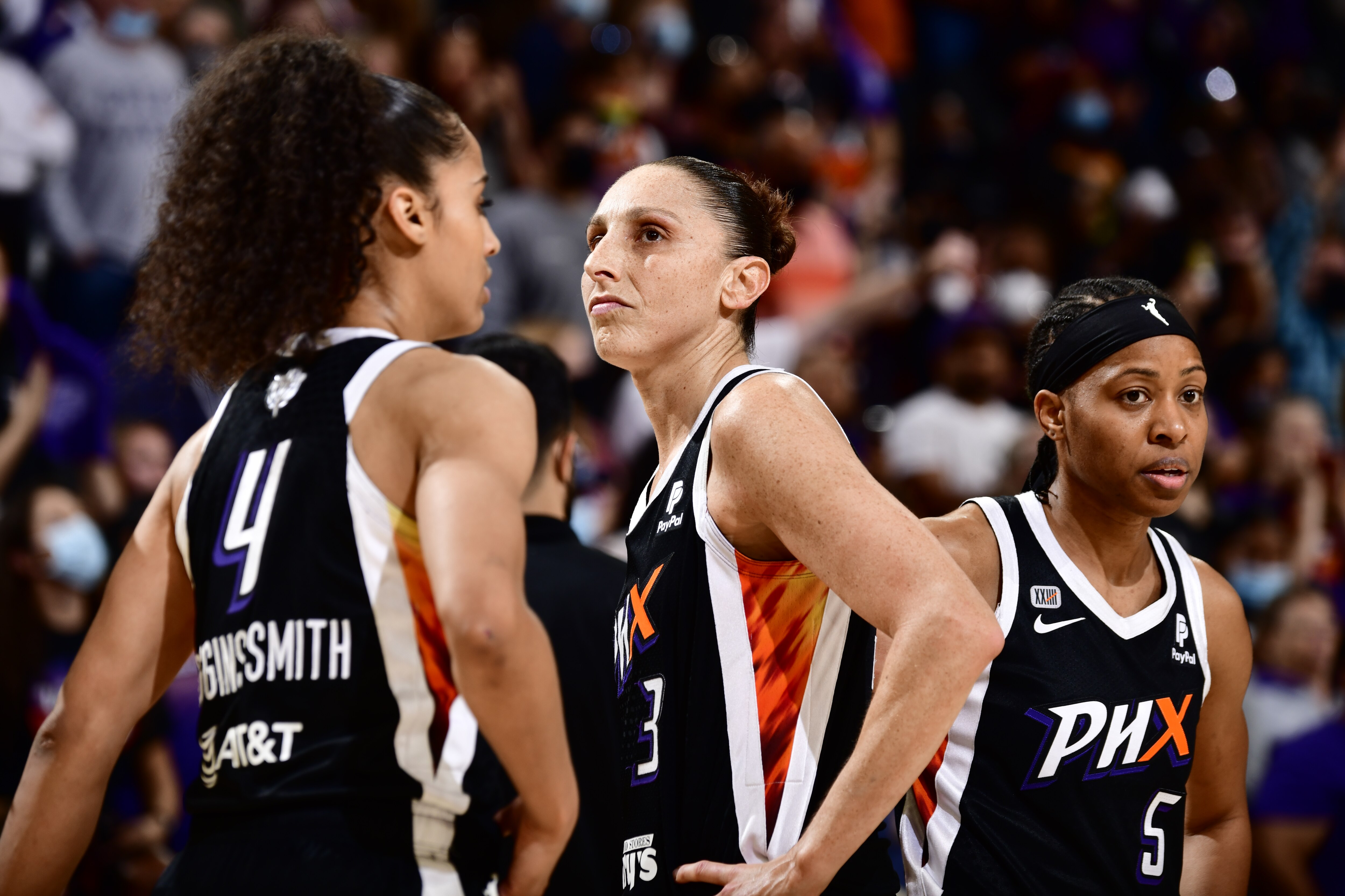 PHOENIX, AZ - OCTOBER 13: Diana Taurasi #3 of the Phoenix Mercury looks on during Game Two of the 2021 WNBA Finals on October 13, 2021 at Footprint Center in Phoenix, Arizona. NOTE TO USER: User expressly acknowledges and agrees that, by downloading and or using this photograph, user is consenting to the terms and conditions of the Getty Images License Agreement. Mandatory Copyright Notice: Copyright 2021 NBAE (Photo by Barry Gossage/NBAE via Getty Images)