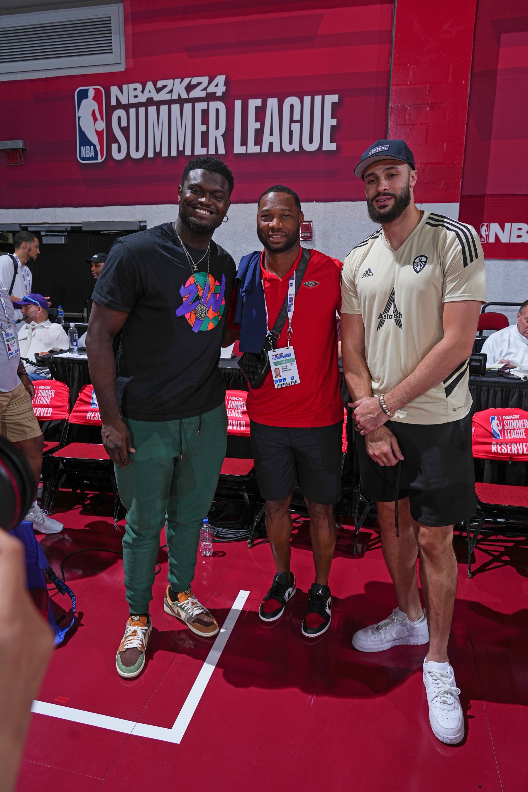LAS VEGAS, NV - JULY 11:  Zion Williamson #1 of the New Orleans Pelicans, Head Coach Willie Green of the New Orleans Pelicans, & Larry Nance Jr. #22 of the New Orleans Pelicans poses for a photo during the 2023 NBA Las Vegas Summer League on July 11, 2023 at the The Cox Pavillion  in Las Vegas, Nevada. NOTE TO USER: User expressly acknowledges and agrees that, by downloading and or using this Photograph, User is consenting to the terms and conditions of the Getty Images License Agreement. Mandatory Copyright Notice: Copyright 2023 NBAE (Photo by Bart Young/NBAE via Getty Images)